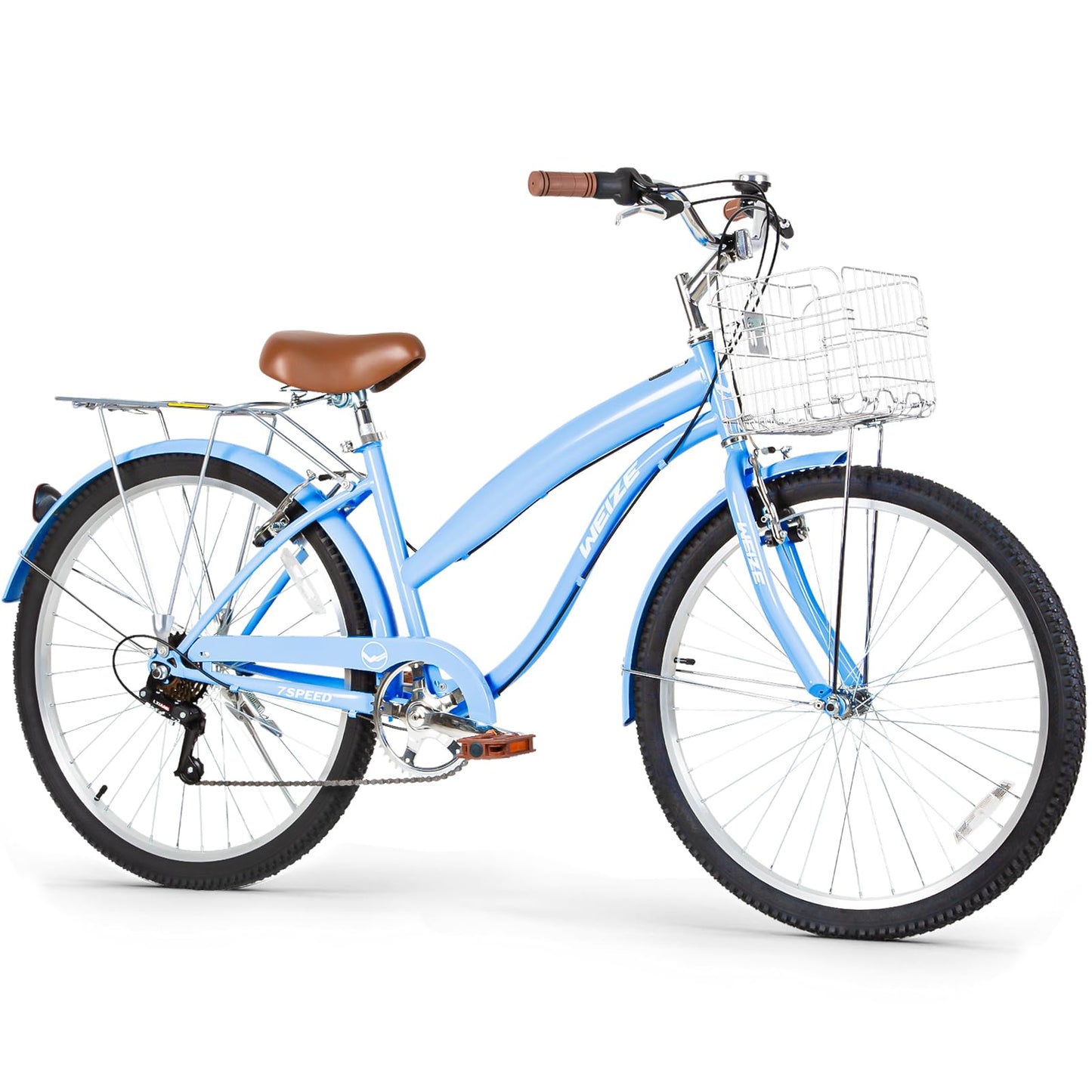 WEIZE Beach Cruiser Bike, 26 inch Commuter Bicycle for Adult Men and Women, 7-Speed/High-Carbon Steel/Front & Rear Fenders, Comfortable City Bikes with Rear Rack&Basket, Ergonomic Upright Design, Blue