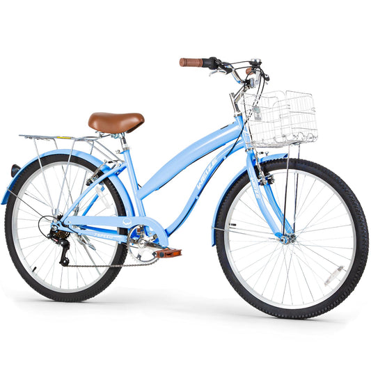 WEIZE Beach Cruiser Bike, 26 inch Commuter Bicycle for Adult Men and Women, 7-Speed/High-Carbon Steel/Front & Rear Fenders, Comfortable City Bikes with Rear Rack&Basket, Ergonomic Upright Design, Blue