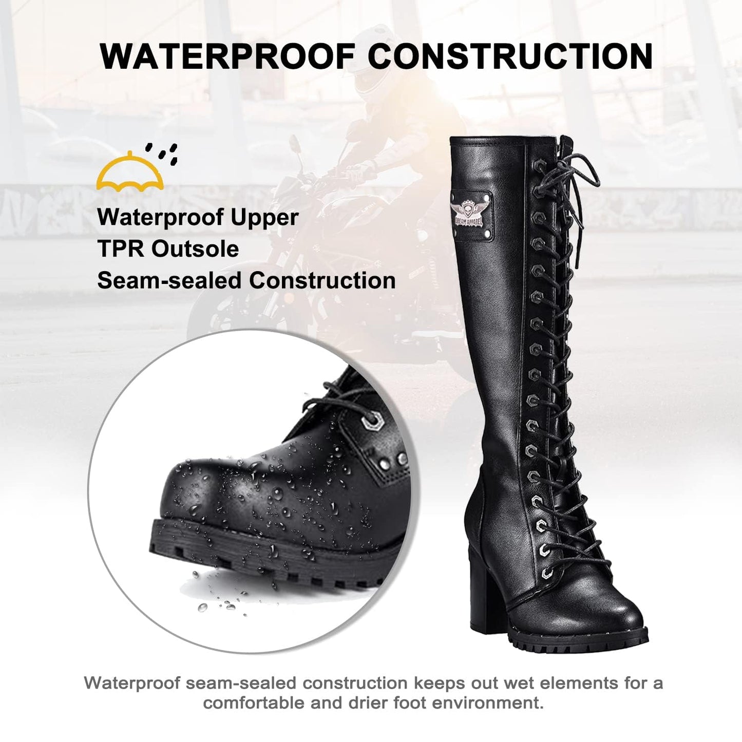 Dream Apparel Women's Faux Leather Lace Up Knee High Boots, Black Motorcycle Riding Boots with Chunky Heel, Sexy Biker Boots with Side Zipper