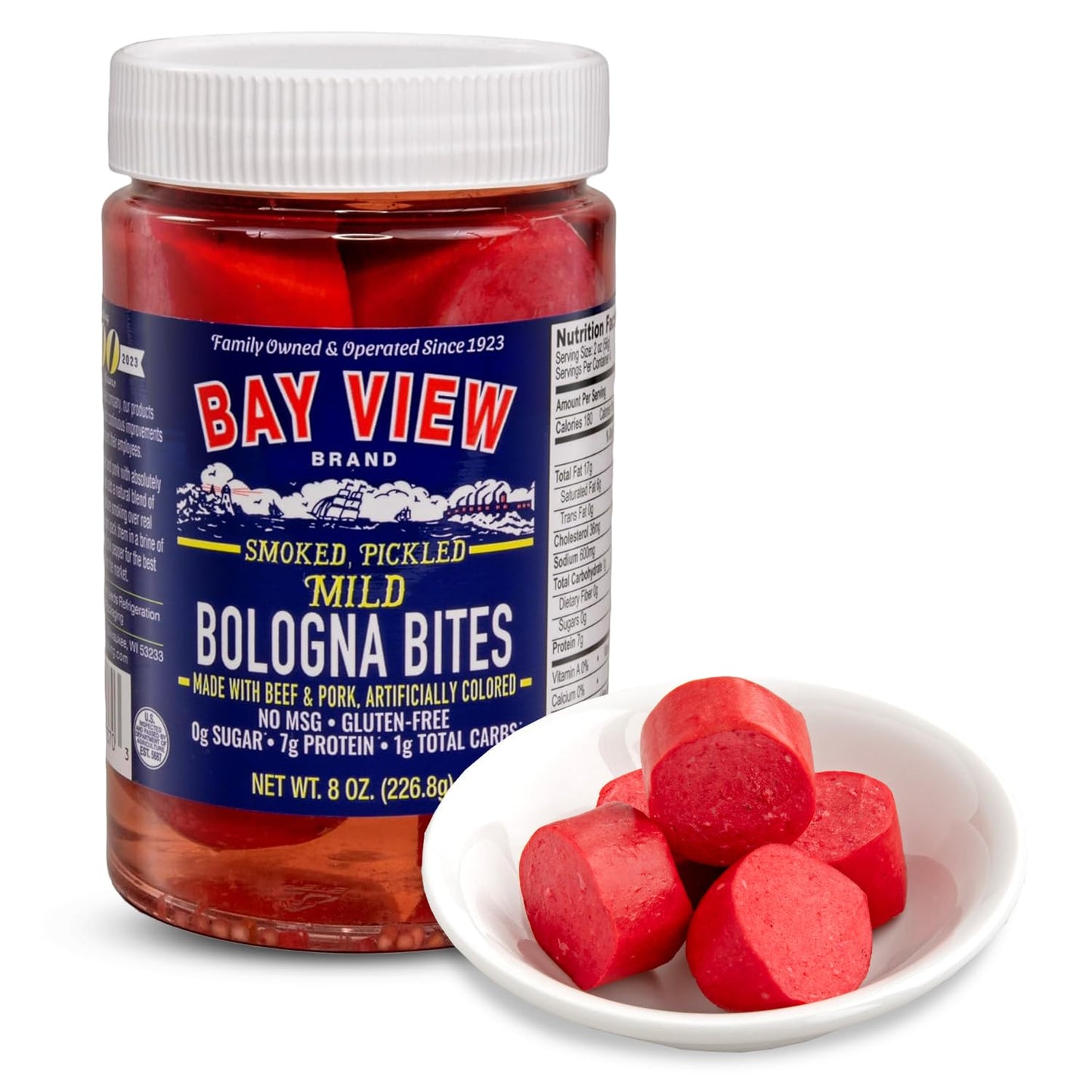 Bay View Smoked Pickled Polish Sausage, No MSG, Gluten Free, No Soy, 0g Sugar, 7g Protein, Hardwood Smoked, Mouthwatering Pickled Snack (Mild Bologna, 8oz)