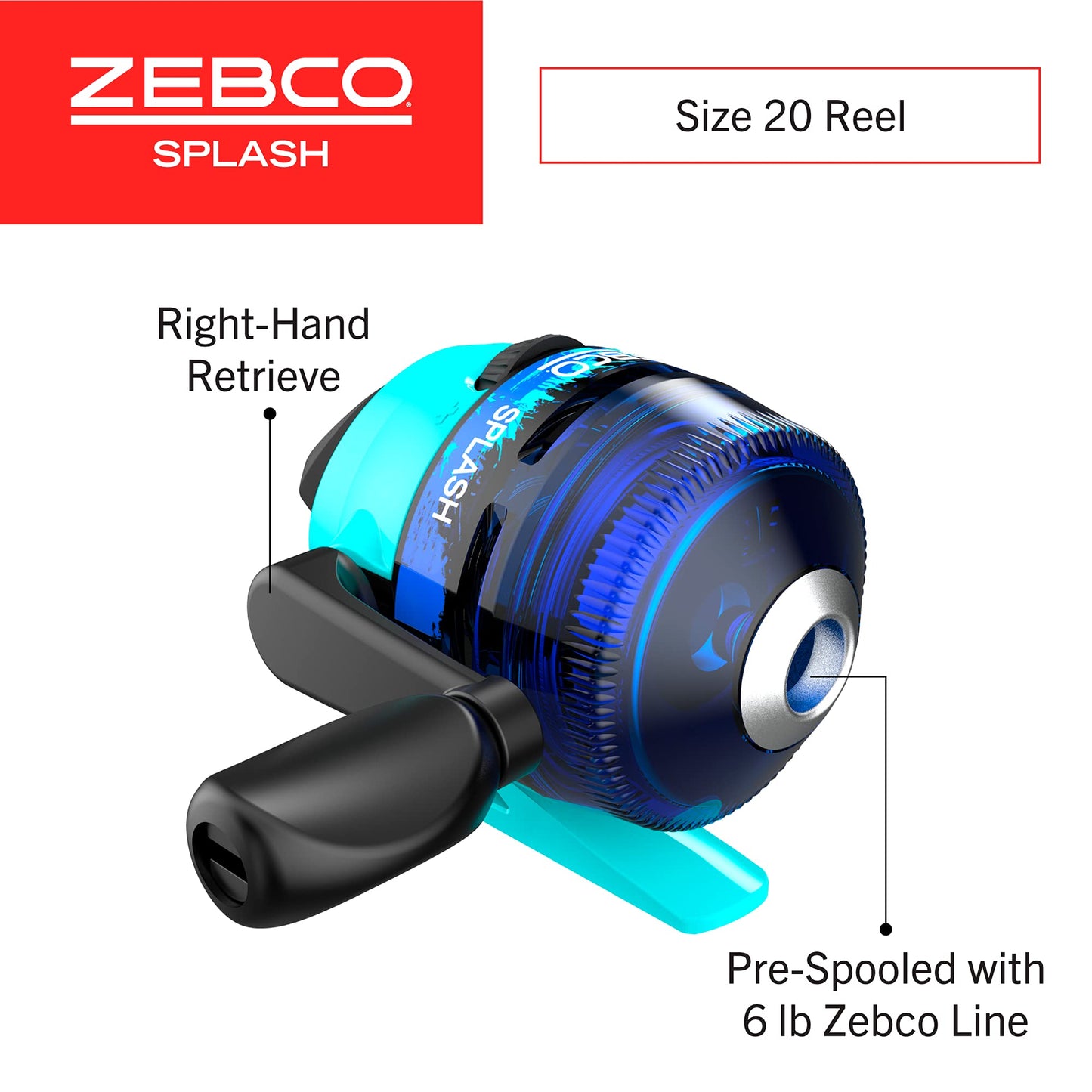 Zebco Kids Splash Jr. Spincast Reel and Fishing Rod Combo, 4-Foot 2-Piece Fishing Pole, Size 20 Reel, Right-Hand Retrieve, Pre-Spooled with 6-Pound Cajun Line, Blue