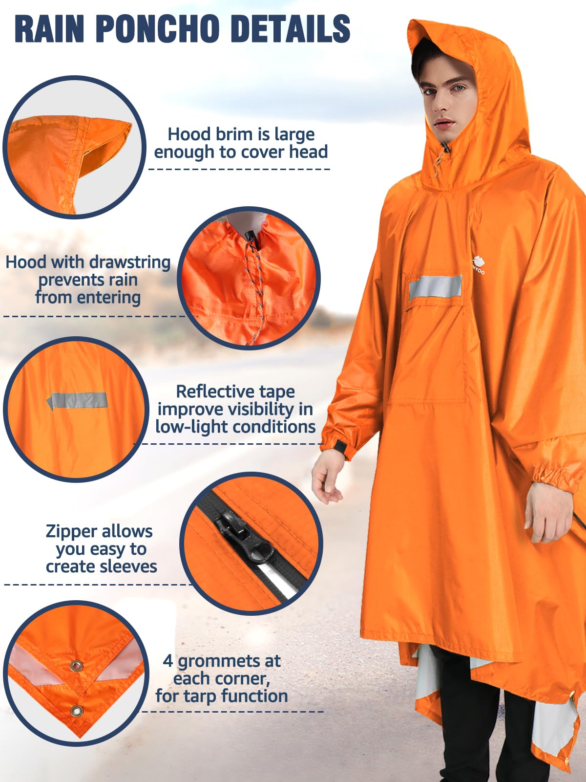 ANYOO Hooded Rain Poncho for Adults Waterproof Lightweight Rain Coat for Men Women Reusable Rain Jacket for Emergency Outdoor