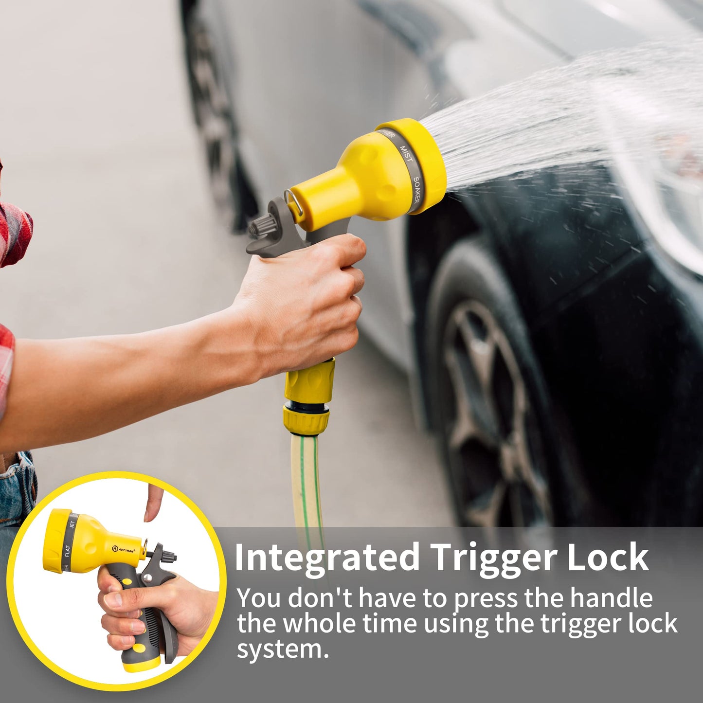 AUTOMAN-Garden-Hose-Nozzle, ABS Water Spray Nozzle with 7 Adjustable Watering Patterns, Slip Resistant for Watering Plants, Lawn& Garden, Washing Cars, Cleaning, Showering Pets & Outdoor Fun.