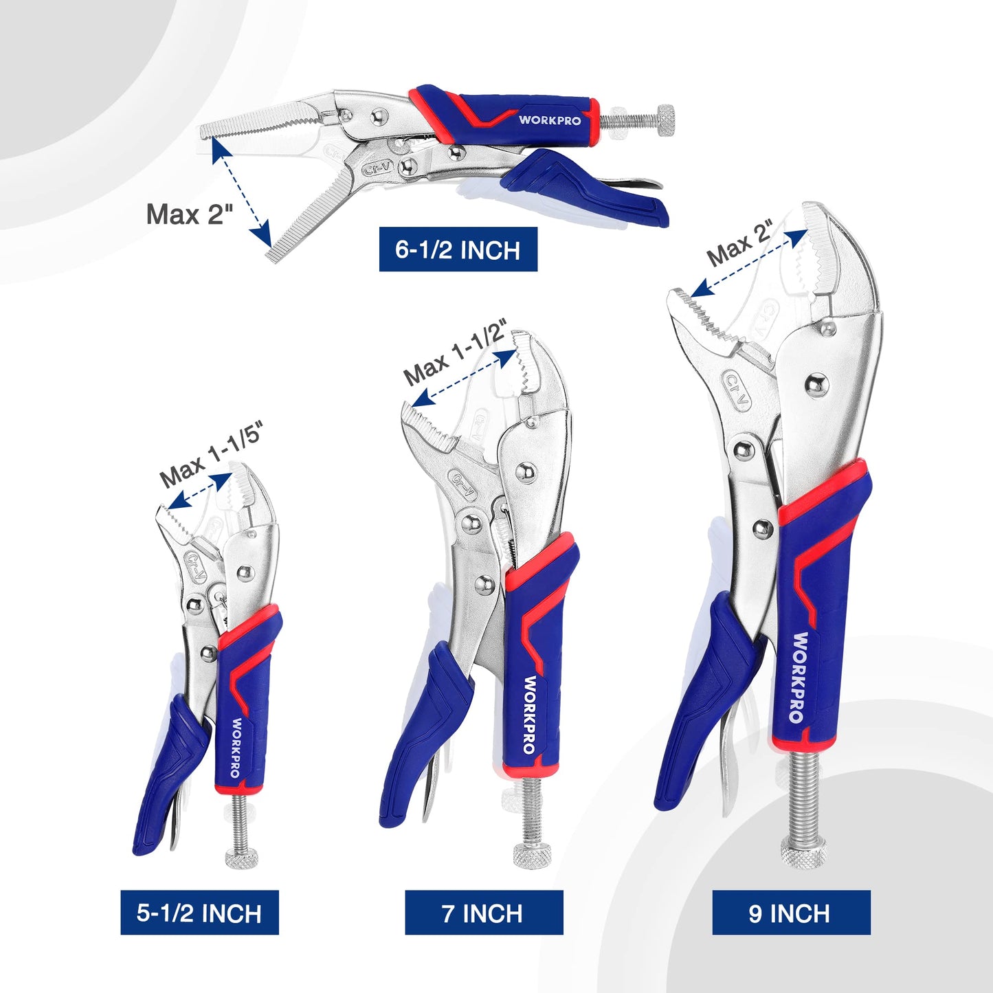 WORKPRO 5-Piece Locking Pliers Set, Pliers Tool Set, Vice Grips with Chrome-vanadium Steel, 5/7/10 inch Curved Jaw Pliers, 6.5/9 inch Long Nose Pliers