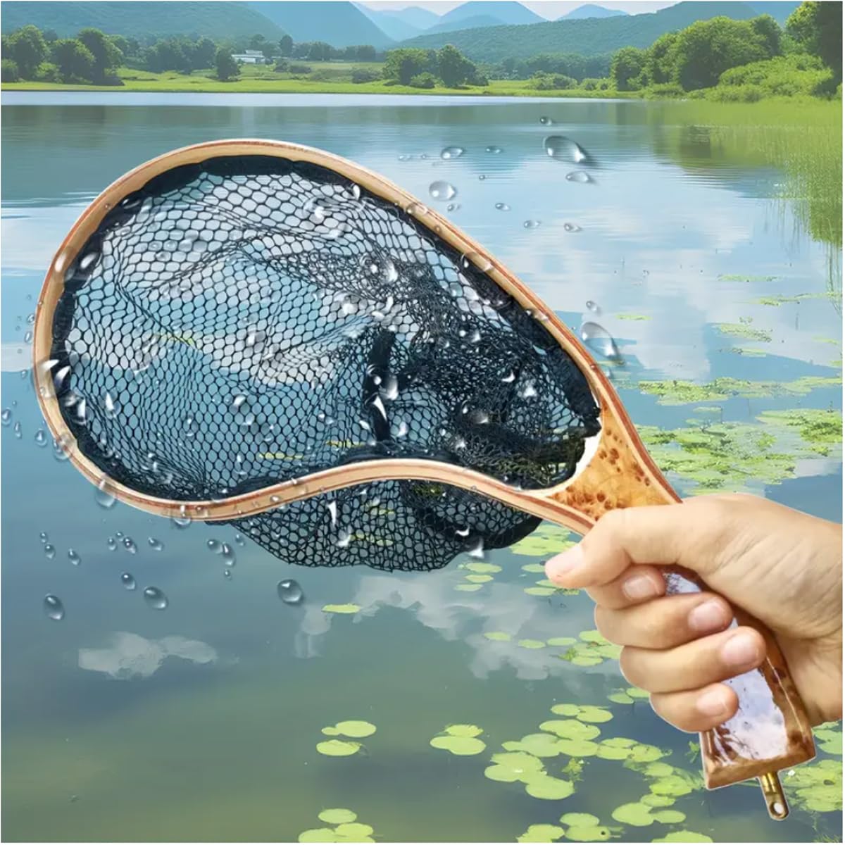 Aventik Wooden Fly Fishing Landing Net with Rubber Ghost Mesh and Magnetic Release - Catch & Release Friendly