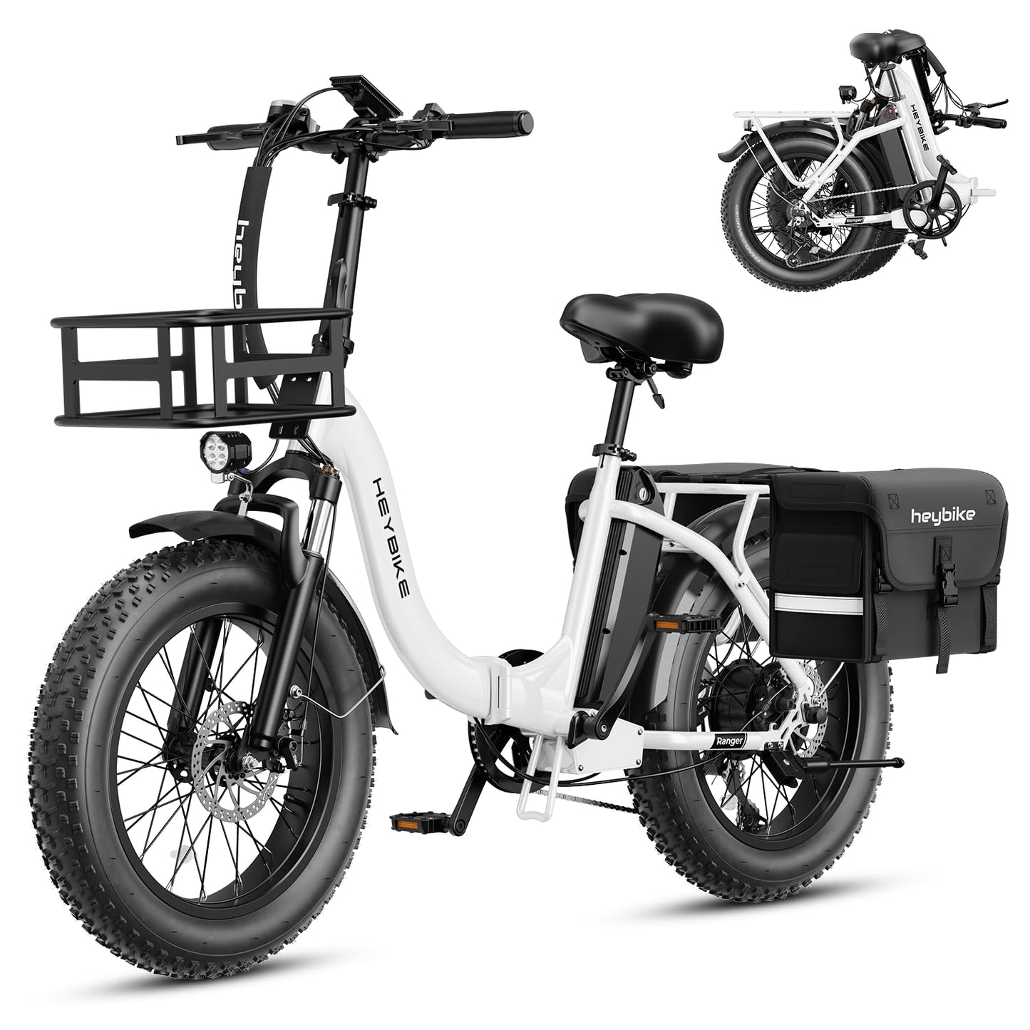 Heybike Ranger Electric Bike for Adults, Peak 1400W Upgraded Motor Ebike, 28MPH [20" Fat Tire All-Terrain] 600Wh Removable Battery Folding Step-Thru E Bike with Front Suspension