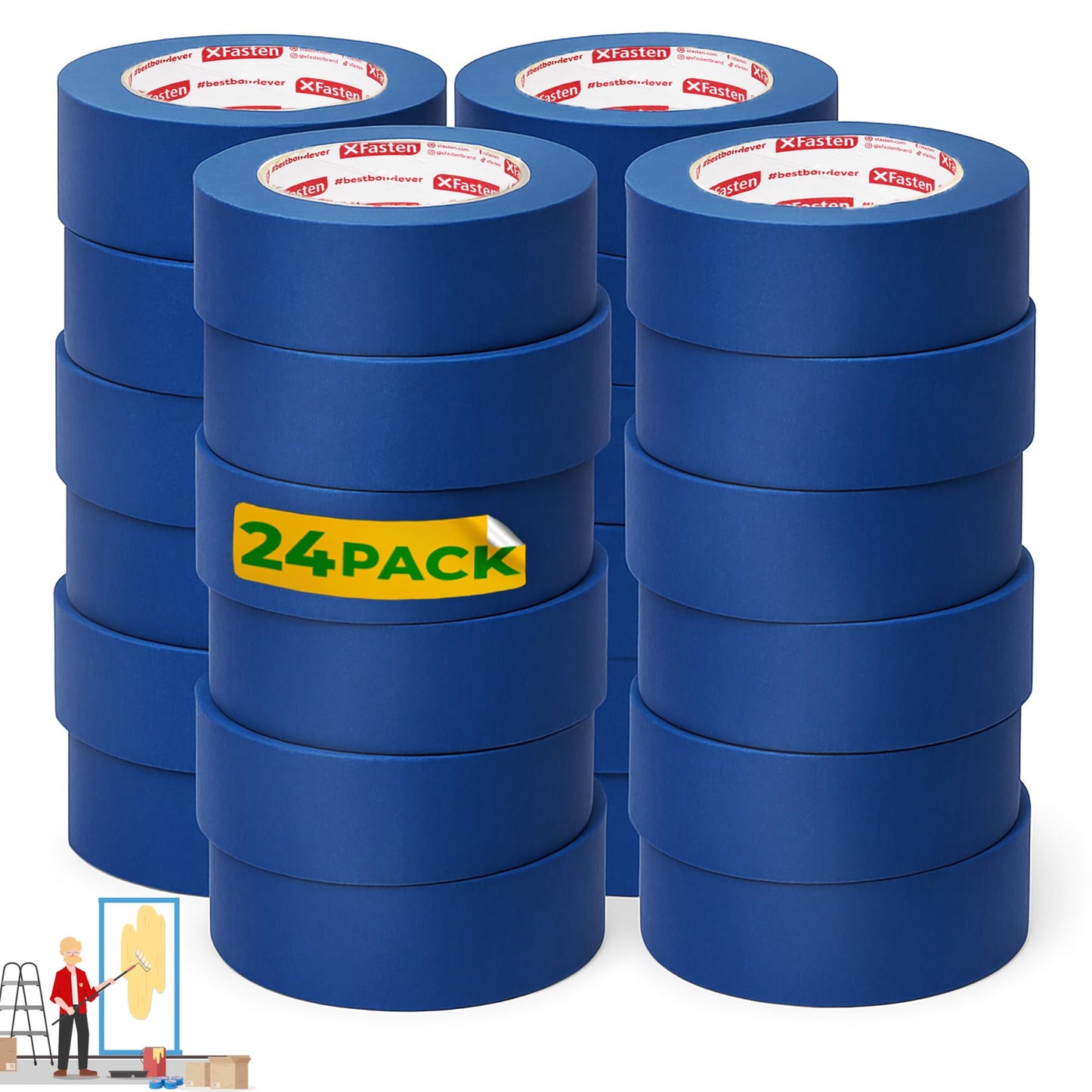 XFasten Blue Painters Tape Bulk 3-Inch x 60-Yards (12-Pack, 2160ft Total) Wall Safe Painters Tape 3 Inch Wide, Blue Masking Tape Bulk, Paint Tape for Walls, Painting, Automotive