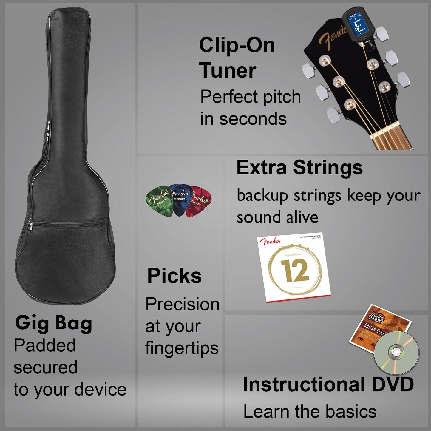 Fender Dreadnought Acoustic Guitar - Sunburst Bundle with Gig Bag, Tuner, Strings, Picks, and Austin Bazaar Instructional DVD
