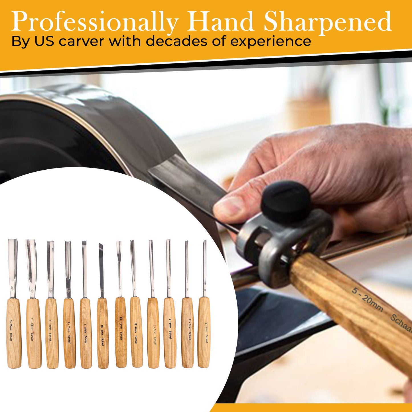 Schaaf Wood Carving Tools Set of 12 Chisels with Canvas Case | Wood Carving Chisels with Razor Sharp CR-V 60 Steel Blades