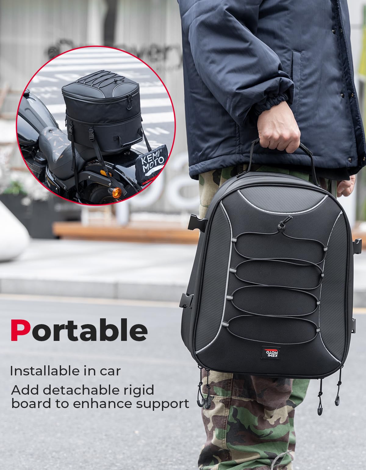 KEMIMOTO Motorcycle Tail Bag, Dual Use Motorcycle Rear Seat Bag with Waterproof Rain Cover, 22L-34L Expandable Motorbike Helmet Bag Luggage Storage Backpack with 6 straps