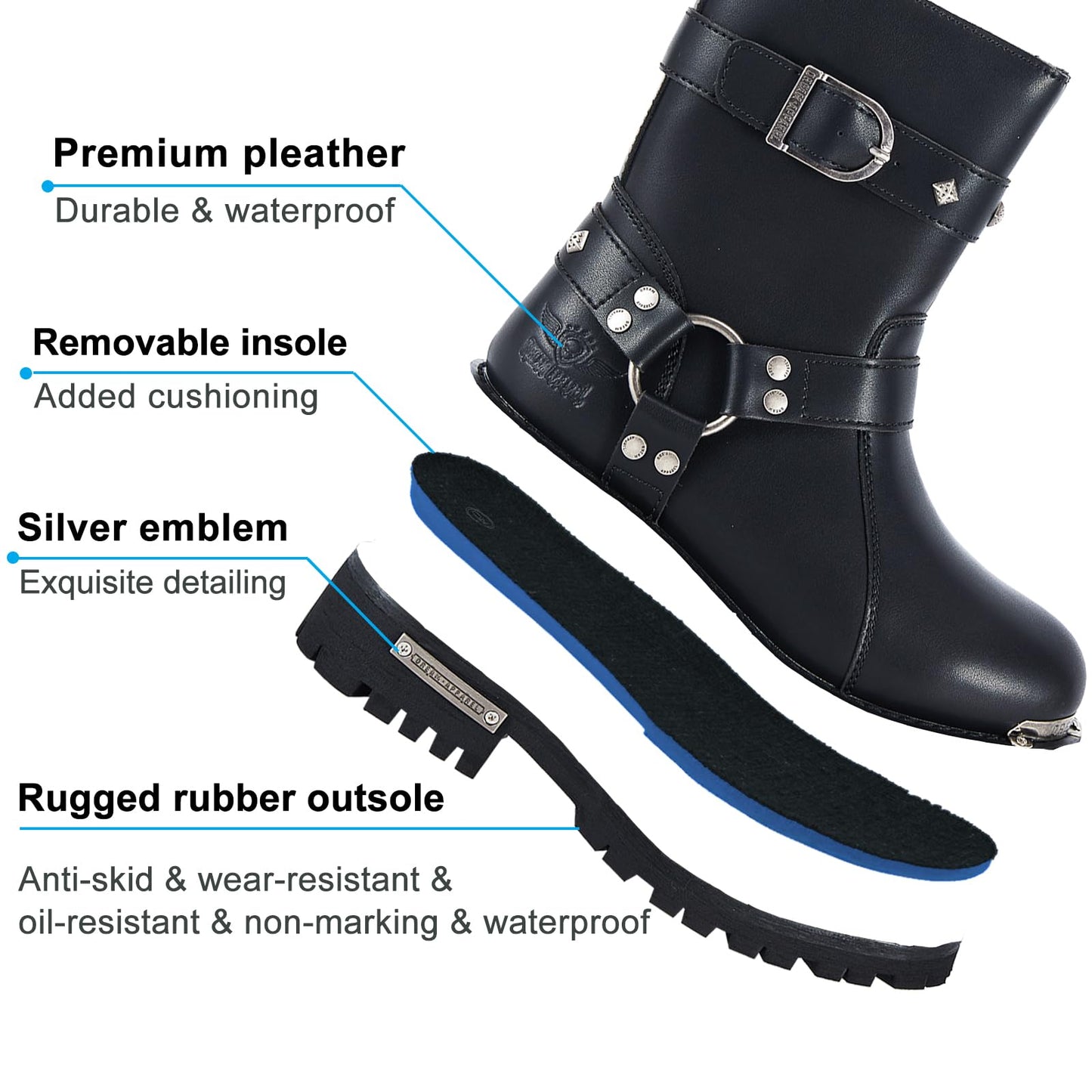 Dream Apparel Women PU Leather Harness Motorcycle Boots for Riding Waterproof Studded Biker Boots with Side Zipper & Buckle, Black Engineer Combat Mid-Calf Footwear