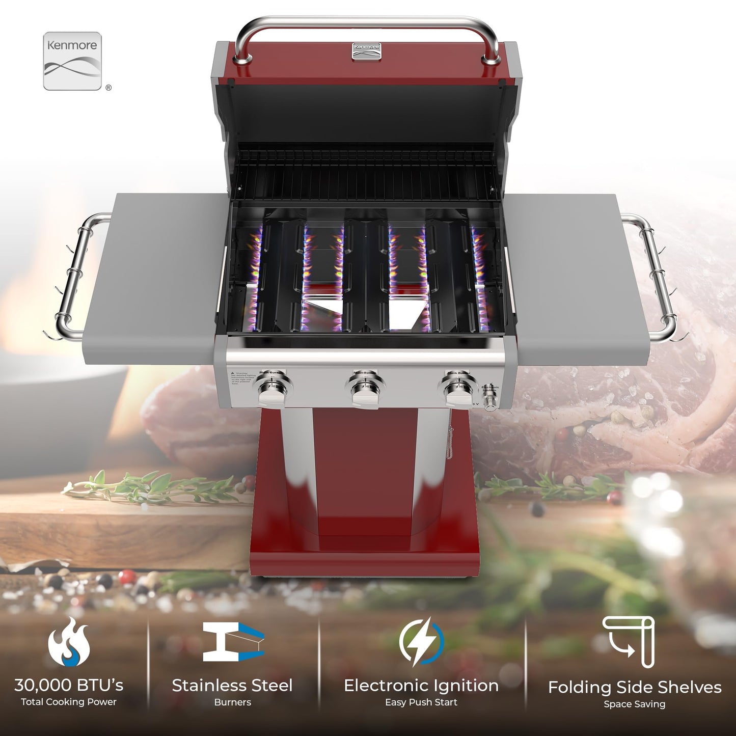 Kenmore 3-Burner Propane BBQ Grill, 30,000 BTUs Gas Grill with Cast Iron Cooking Grates, Folding Side Tables & Wheels, Outdoor Grill with Tool Hooks, Azure Blue