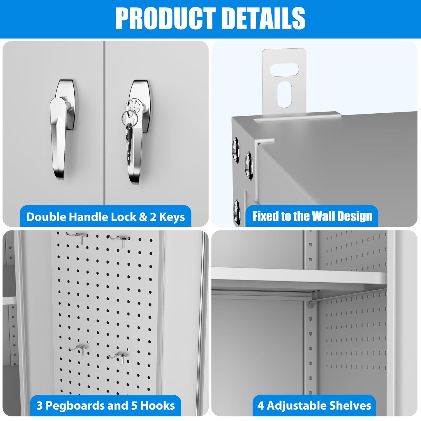 SUXXAN 2025 Upgraded Wide & Deep Garage Storage Cabinet with Wheels, Lockable Metal Storage Cabinet with Pegboards and 9 Hooks, 2 Tool Pouches for Garage,4 Adjustable Shelves