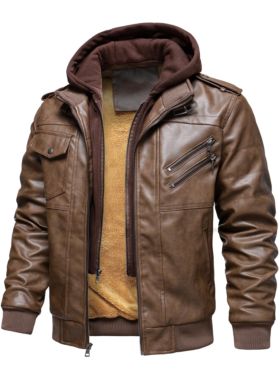 HOOD CREW Men’s Casual Stand Collar PU Faux Leather Zip-Up Motorcycle Bomber Jacket With a Removable Hood