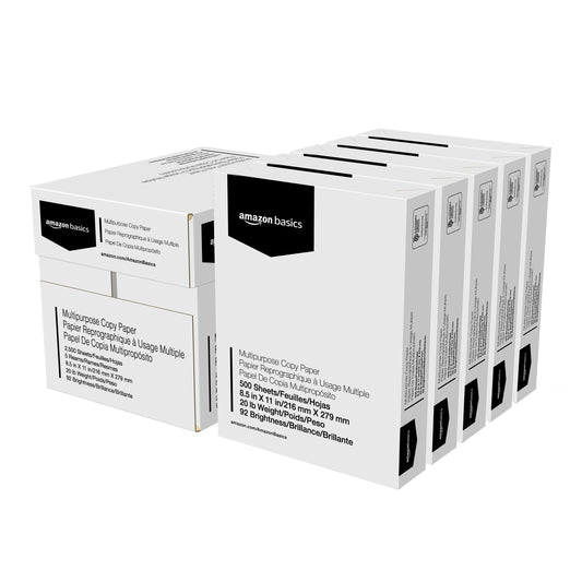 Amazon Basics Multipurpose Copy Printer Paper, 20 lb, 8.5 x 11 Inches, 5 Reams (2,500 Sheets), 92 Bright, White