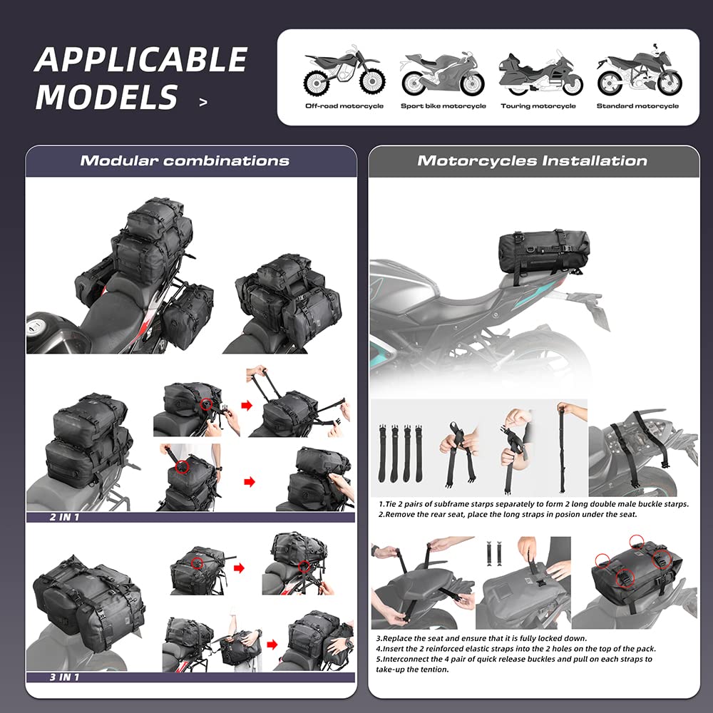 Rhinowalk Motorcycle Tail Bag Motorbike Side Bag 8L Full Waterproof Motor Saddle Pannier Bag Rear Rack Trunk Professional Motor Accessories-Black