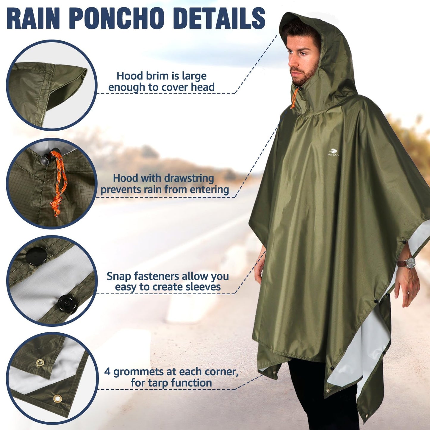 ANYOO Hooded Rain Poncho for Adults Waterproof Lightweight Rain Coat for Men Women Reusable Rain Jacket for Emergency Outdoor