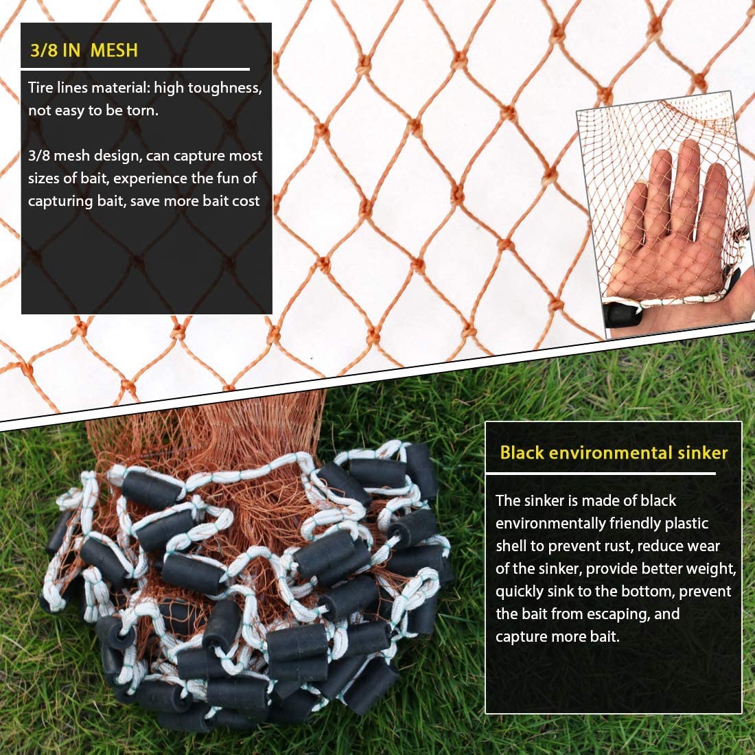 Drasry Saltwater Fishing Cast Net for Bait Trap with Heavy Sinkers Fish Throw Net. Size 3ft/4ft/5ft/6ft/7ft/8ft/9ft/10ft Radius Freshwater Nets
