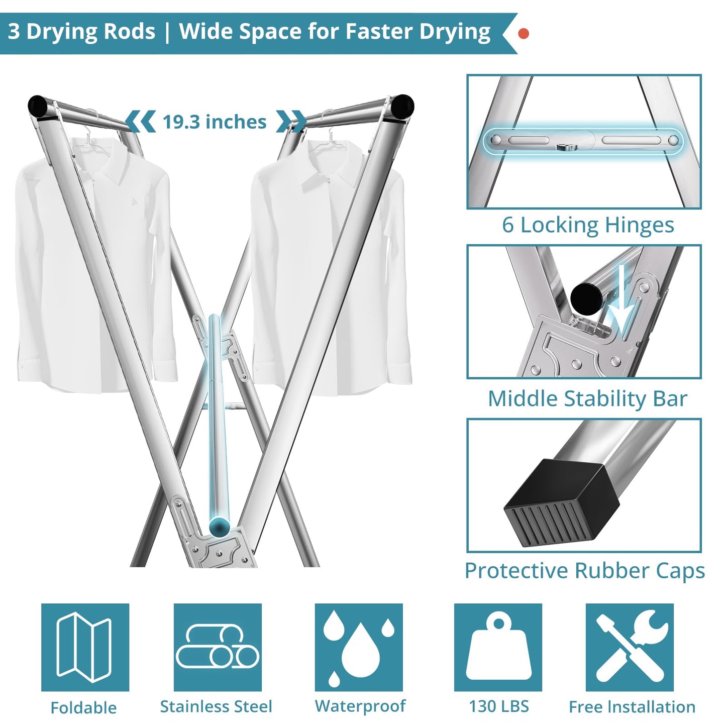JAUREE 79 Inches Clothes Drying Rack, Drying Rack Clothing Folding Indoor Outdoor, Heavy Duty Stainless Steel Laundry Rack, Foldable Portable Large Clothes Rack Garment Rack with 20 Windproof Hooks