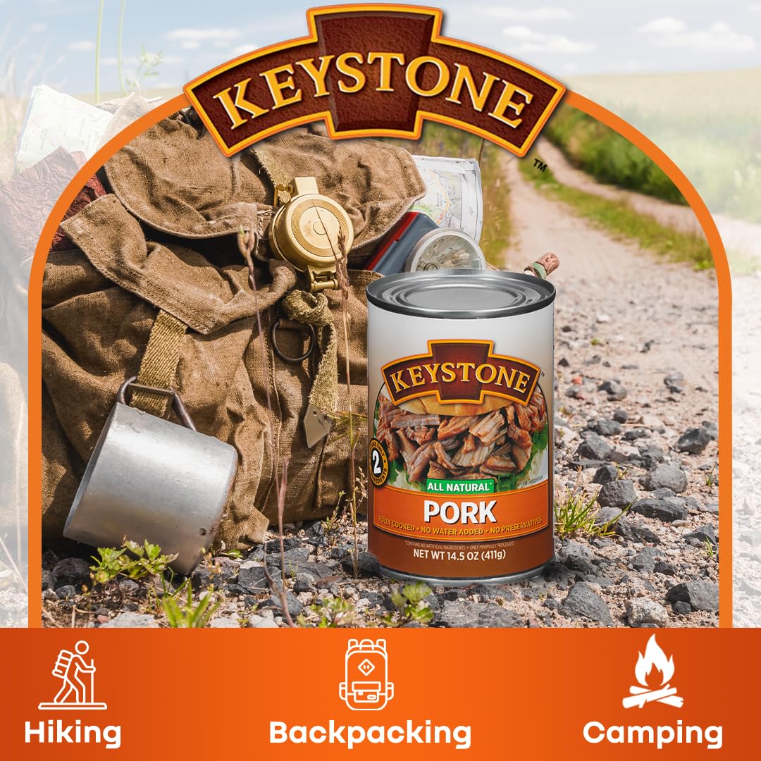 Keystone Meats All Natural Heat and Serve Canned Pork 14.5 Oz Fully Cooked Shelf Stable Canned Meat Emergency Survival Canned Food Ready to Eat No Preservatives Gluten Free Made in USA Pack of 24