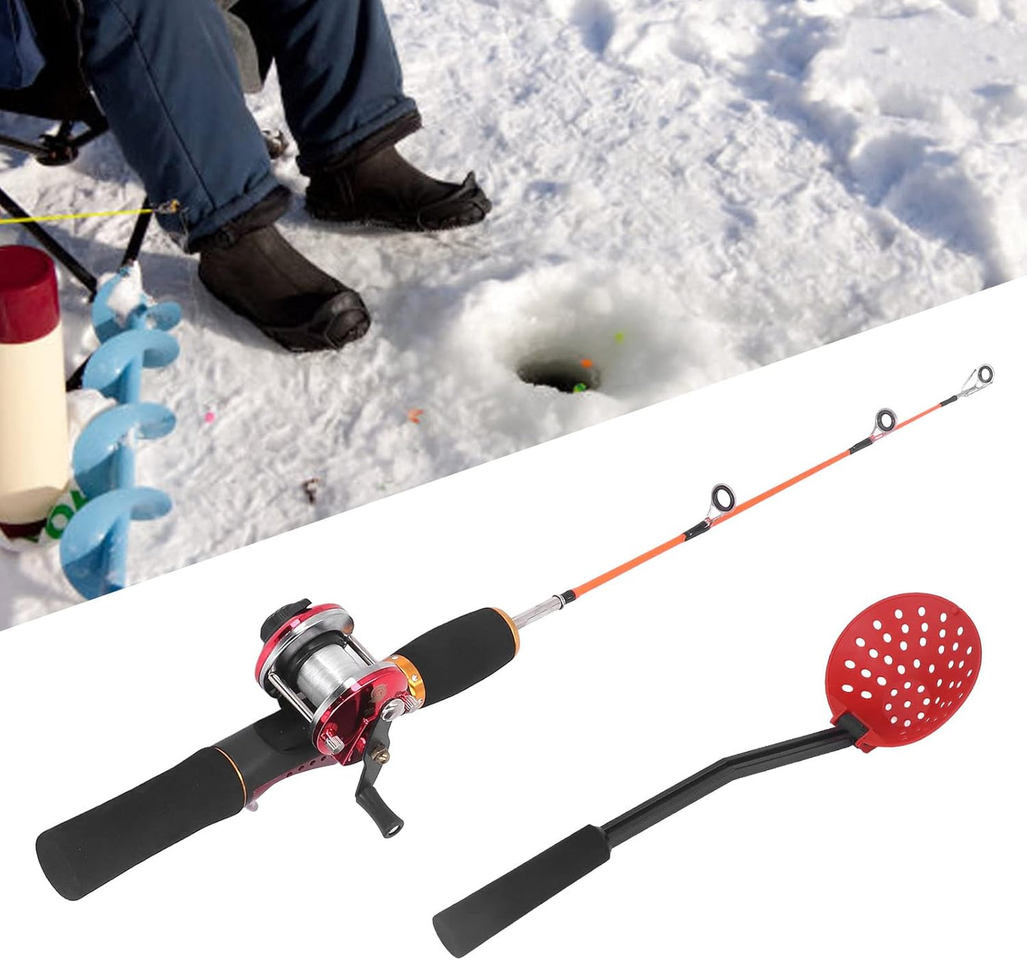 PerGar Ice Fishing Rod Reel Combo, Carbon Fiber Rod, 56cm, Ice Casting, Adult, Fish, 9.1oz, 8lb Monofilament Line, Medium Power, Includes Rod Handle, Reel, Hook Storage Box, Spoon, 10 Hooks