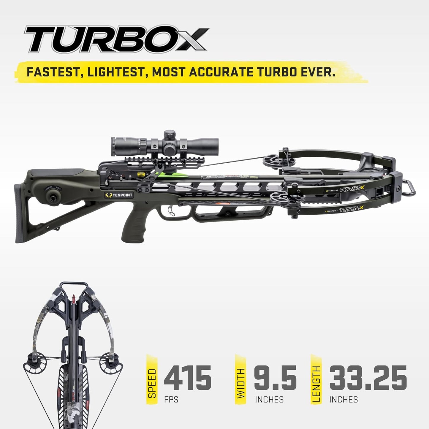 TenPoint Turbo X Crossbow, Moss Green - 415 FPS - Equipped with 100-Yard RangeMaster Scope, ACUslide Cocking & De-Cocking System + S2 Trigger