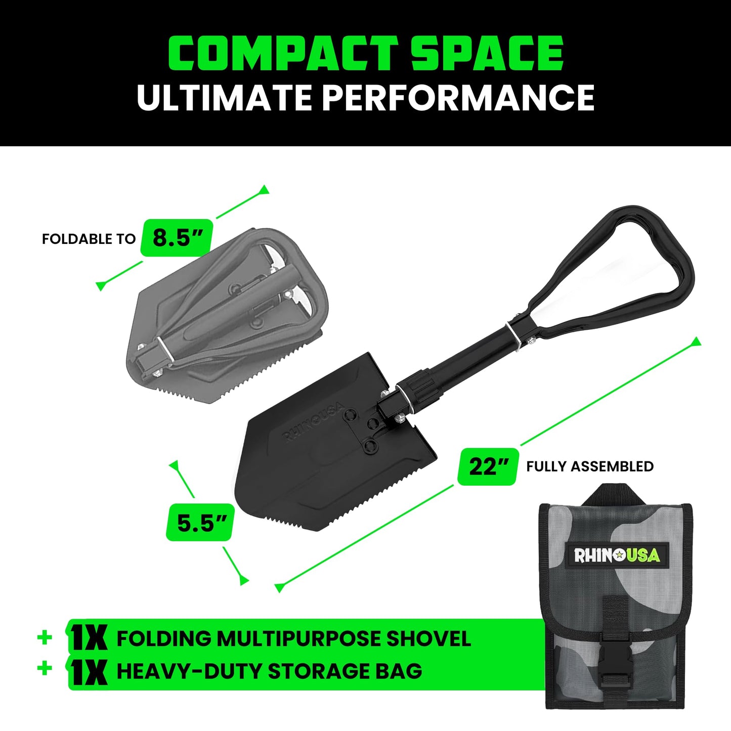 RHINO USA Folding Survival Shovel w/Pick - Heavy Duty Carbon Steel Military Style Entrenching Tool for Off Road, Camping, Gardening, Beach, Digging Dirt, Sand, Mud & Snow.