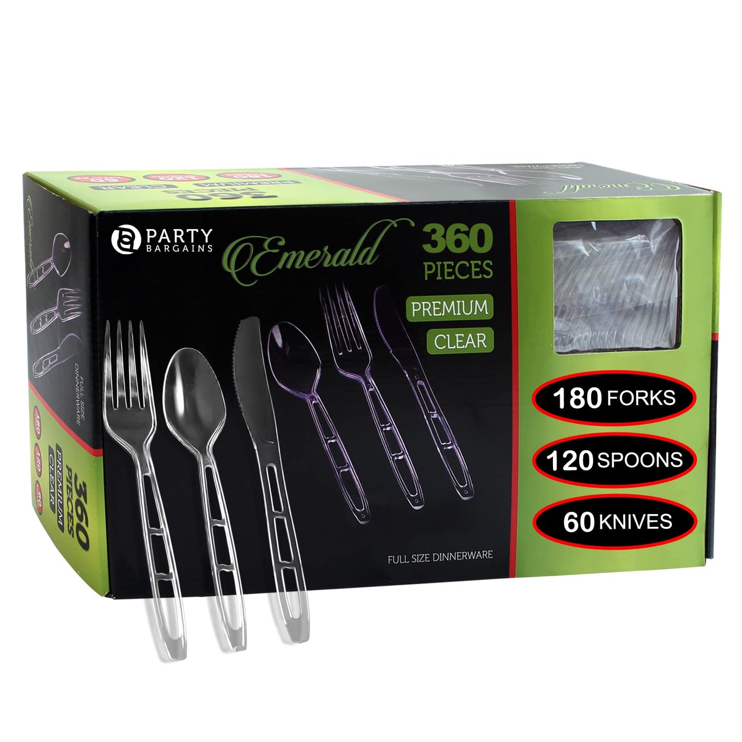 Party Bargains Disposable Cutlery set, SAPPHIRE Design, Clear Color, 360 Pieces: 180 Forks, 120 Spoons, 60 Knives
