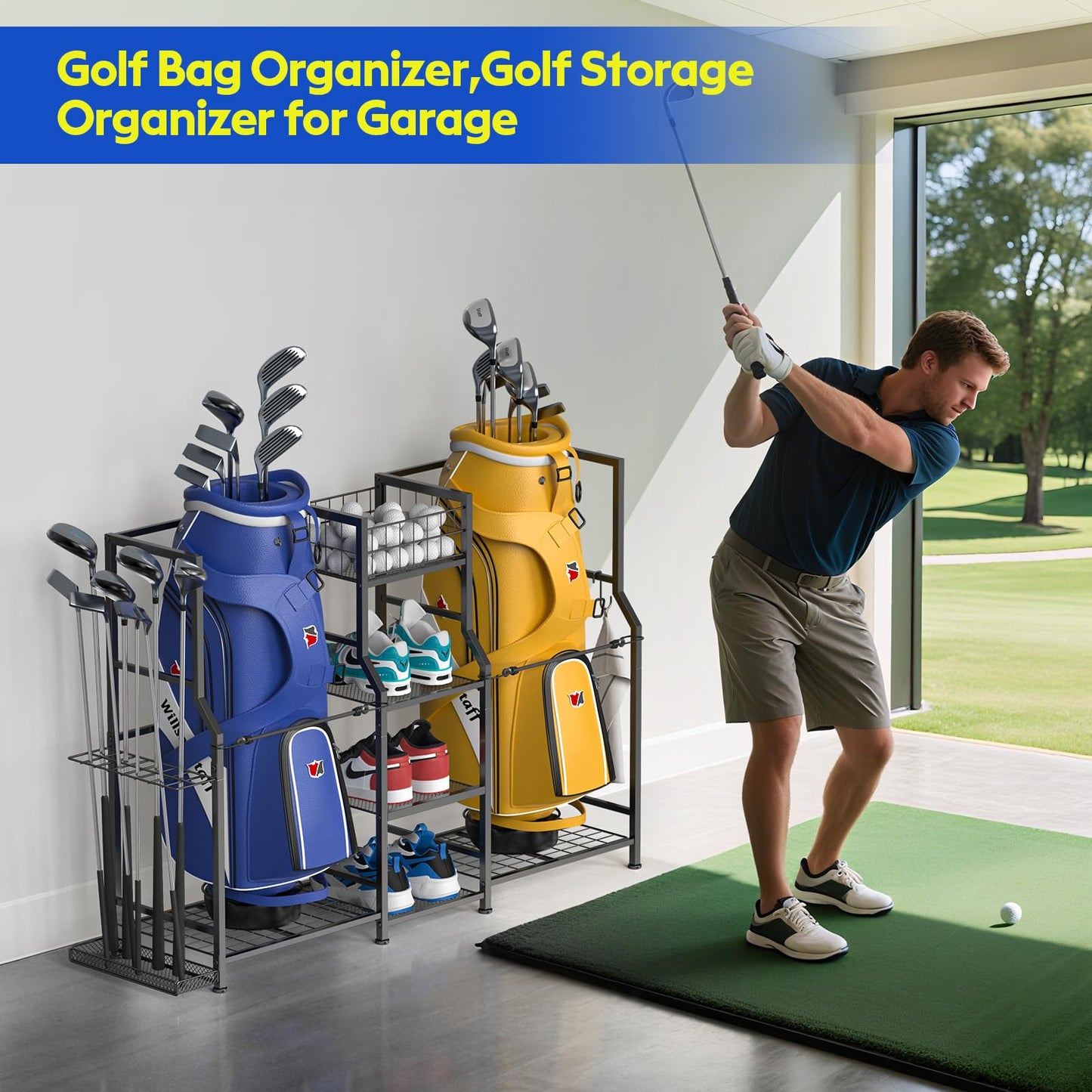 samstar Golf Storage Garage Organizer, Golf Bag Storage Stand 2 Golf Bags and Equipment Accessories, Storage Rack for Home, Garage, Golf Clubs