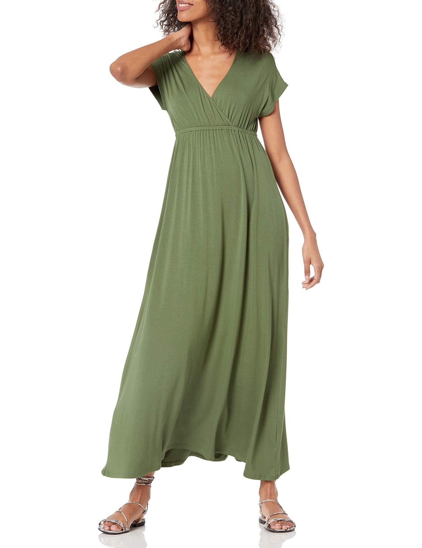 Amazon Essentials Women's V Neck Short Sleeve Waisted Maxi Dress (Available in Plus Size)