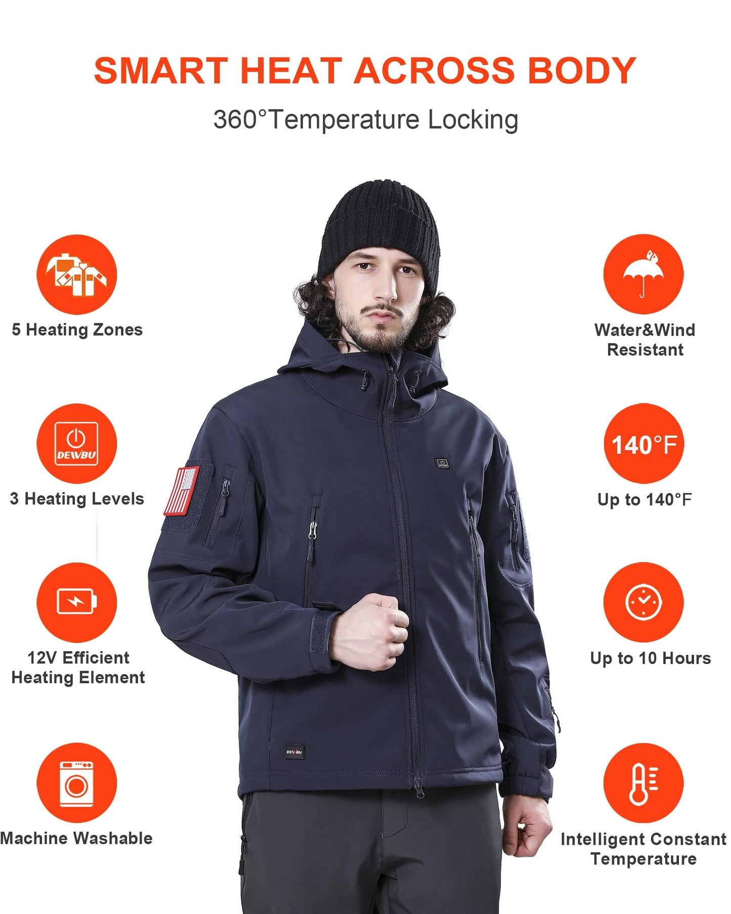 DEWBU Heated Jacket for Men with 12V Battery Pack Winter Outdoor Soft Shell Electric Heating Coat