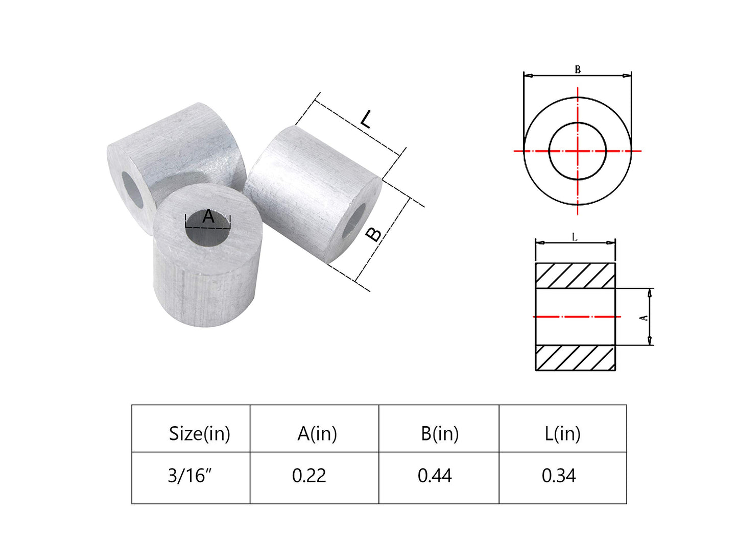 Wire Rope Stop Sleeve, for Wire Rope Dia. 1/16", Aluminum Alloy, PK 100
