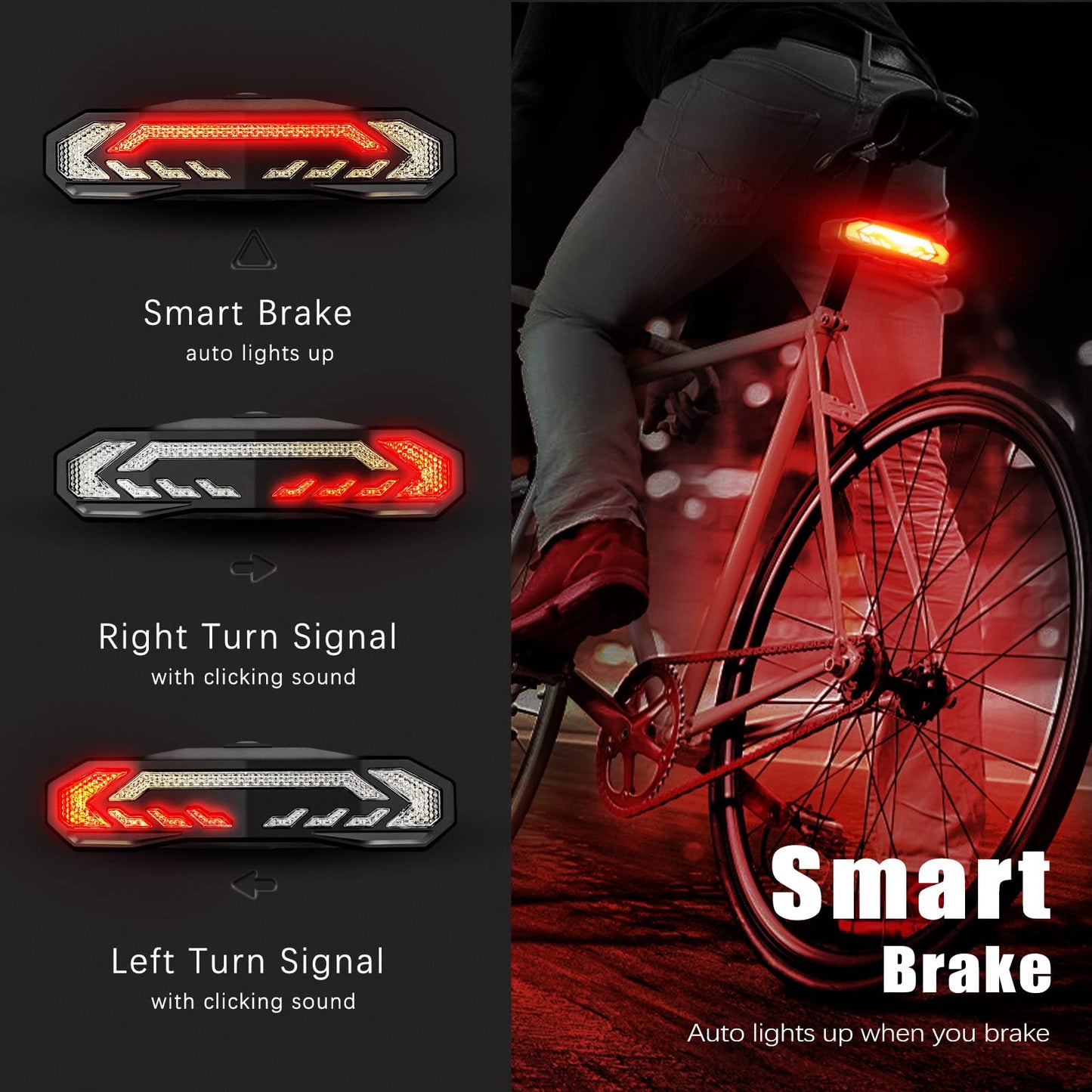 WSDCAM Smart Bike Light with Turn Signals, Brake Light, and Alarm Horn - Auto ON/Off Rechargeable Waterproof Rear Bicycle Tail Light with Remote