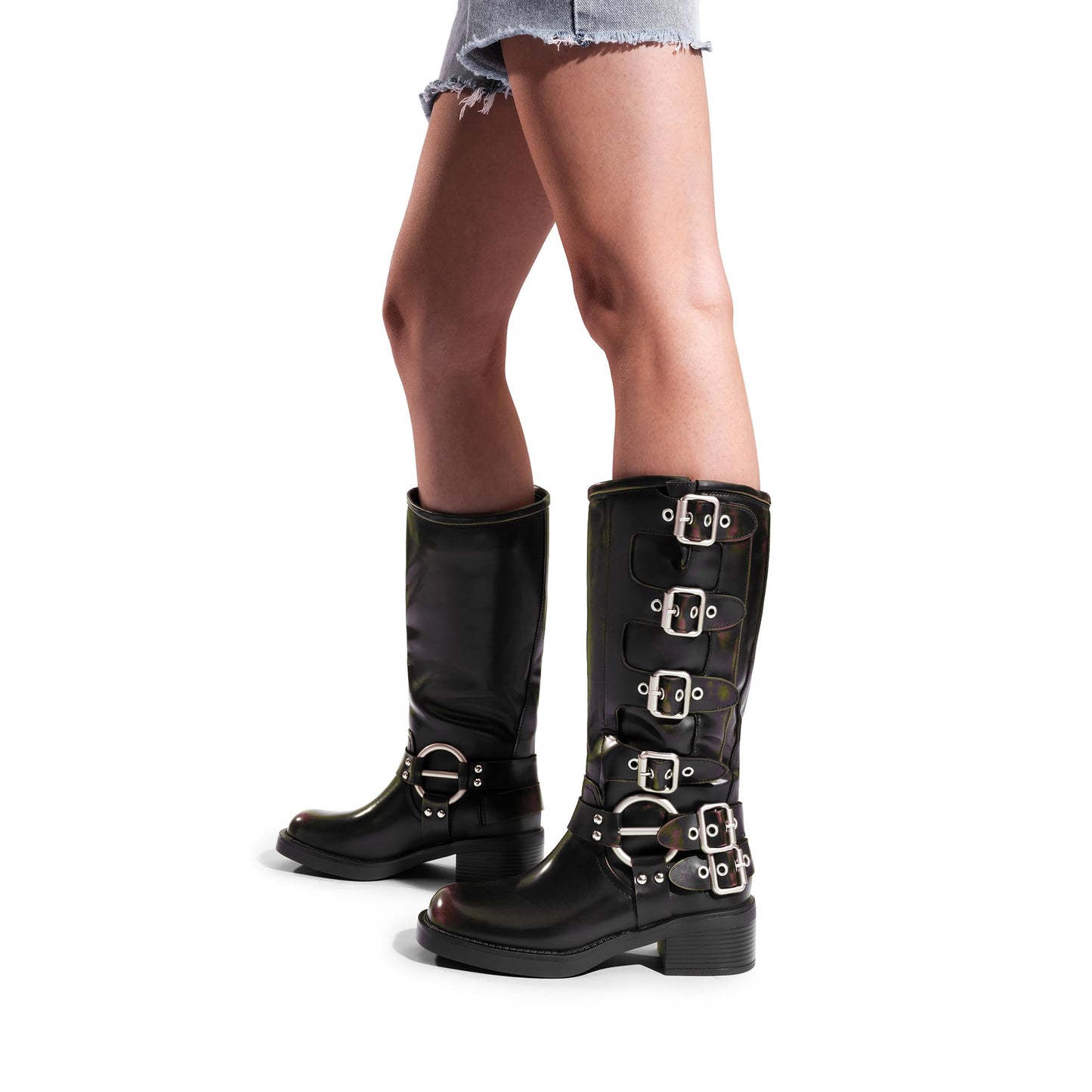 DREAM PAIRS Women's Knee High Riding Boots Slip On Motorcycle Boots Square Toe Chunky Heel Fashion Buckles Biker Boots