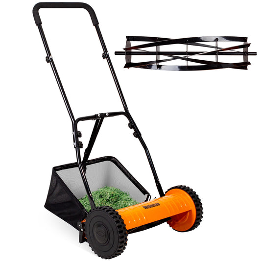 Walensee 16-Inch 5-Blade Push Reel Lawn Mower, Cordless Manual Reel Lawn Mower Walk-Behind Steel Lawn Mowers with Removable 7.9-Gallon Grass Catcher, Sponge Grip, 4-Position Cutting Height Adjustment