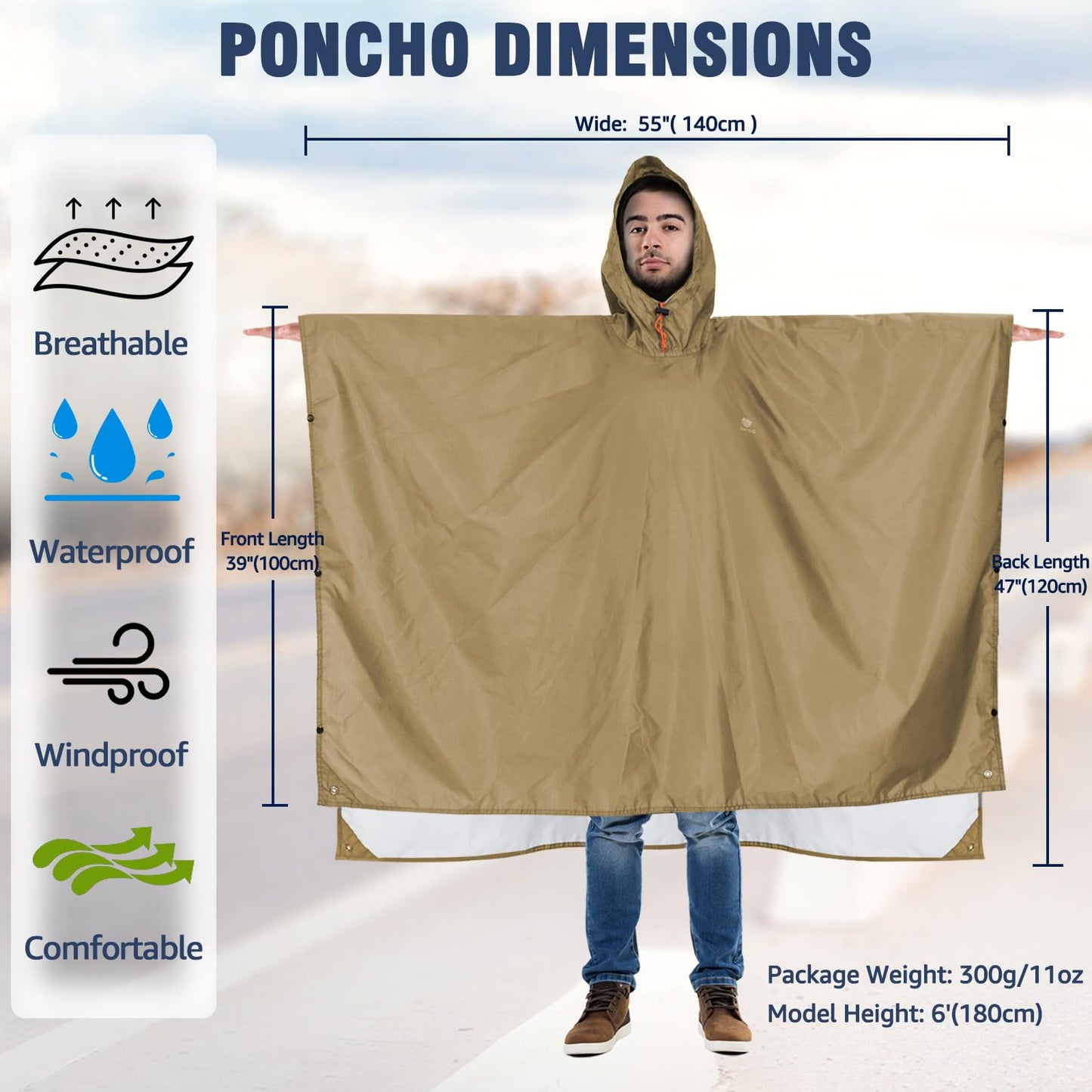 ANYOO Hooded Rain Poncho for Adults Waterproof Lightweight Rain Coat for Men Women Reusable Rain Jacket for Emergency Outdoor