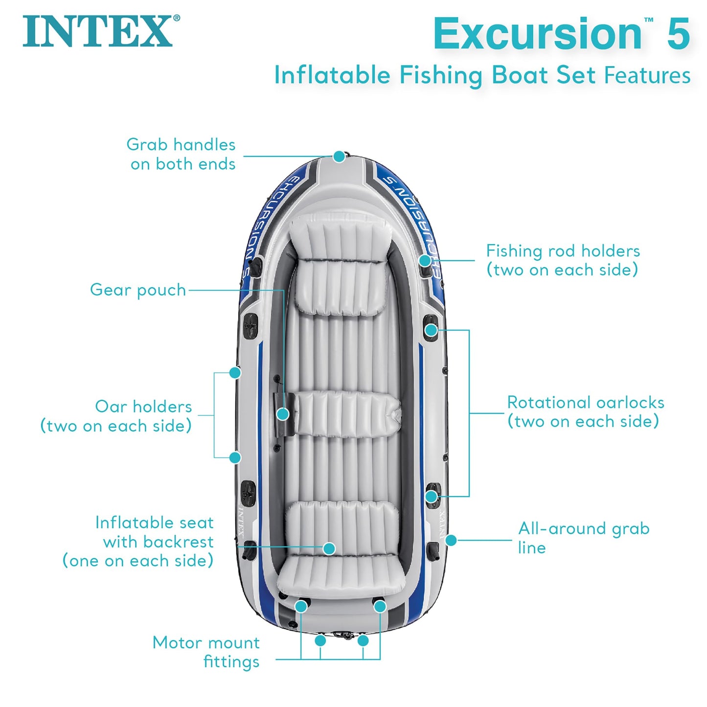 Intex Excursion 5 Inflatable 5 Person Boat and Accessories Set for Outdoor Fishing and Boating Bundled with 8 Speed Transom Mount Trolling Motor