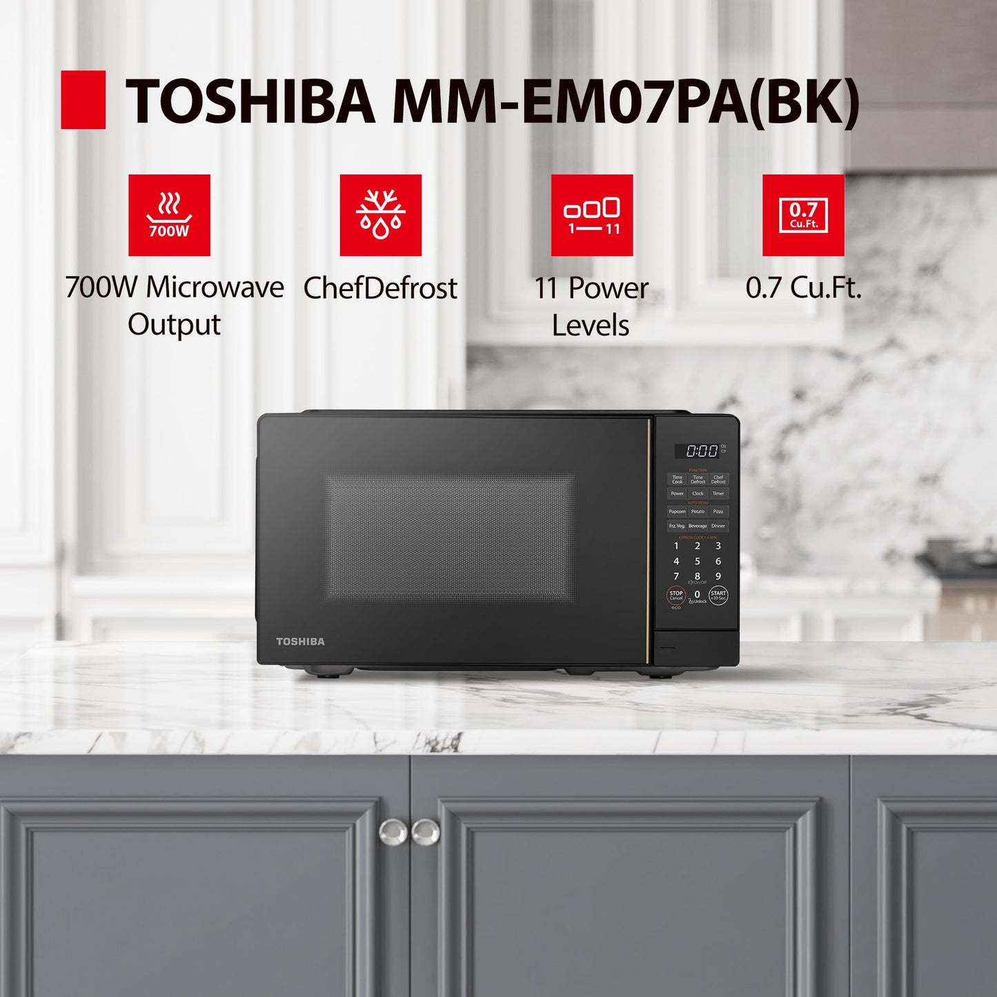 TOSHIBA Small Microwave Oven with 11 Power Levels, Sound On/Off & Eco Mode, Cu Ft, 700W, Black, MM-EM07PA(BK), ChefDefrost-0.7 Cu.Ft