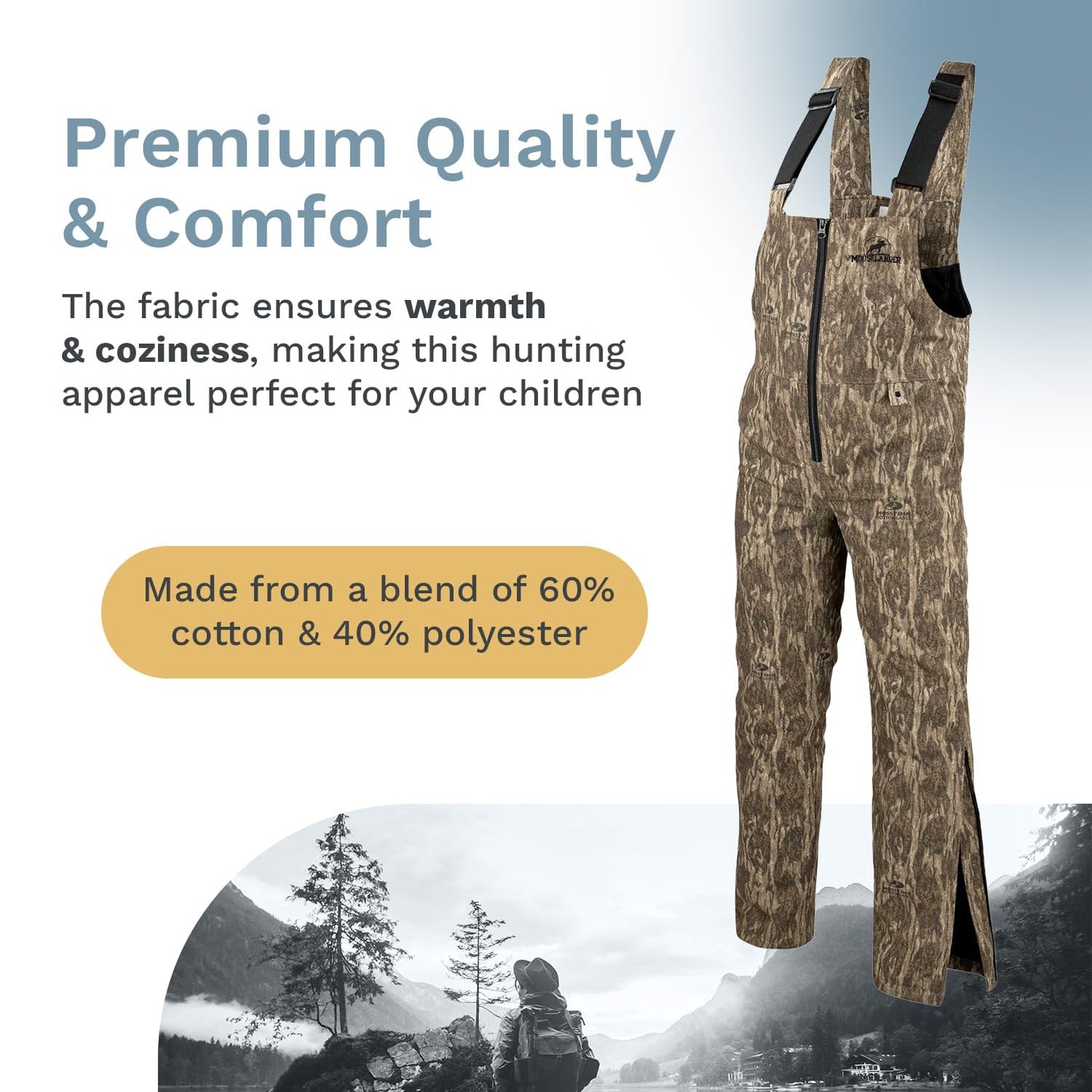 Youth Insulated Bib Overall In MO Country For Hunting, Kids and Teens, Hunting Clothes, Camo, Cold Weather Gear