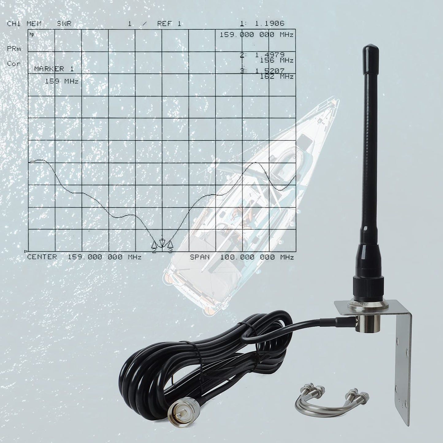 HYS VHF Marine Antenna Low-Profile 156-163MHz with 16.4ft(5m) RG58 Low Loss Premium Coaxial Cable with PL259
