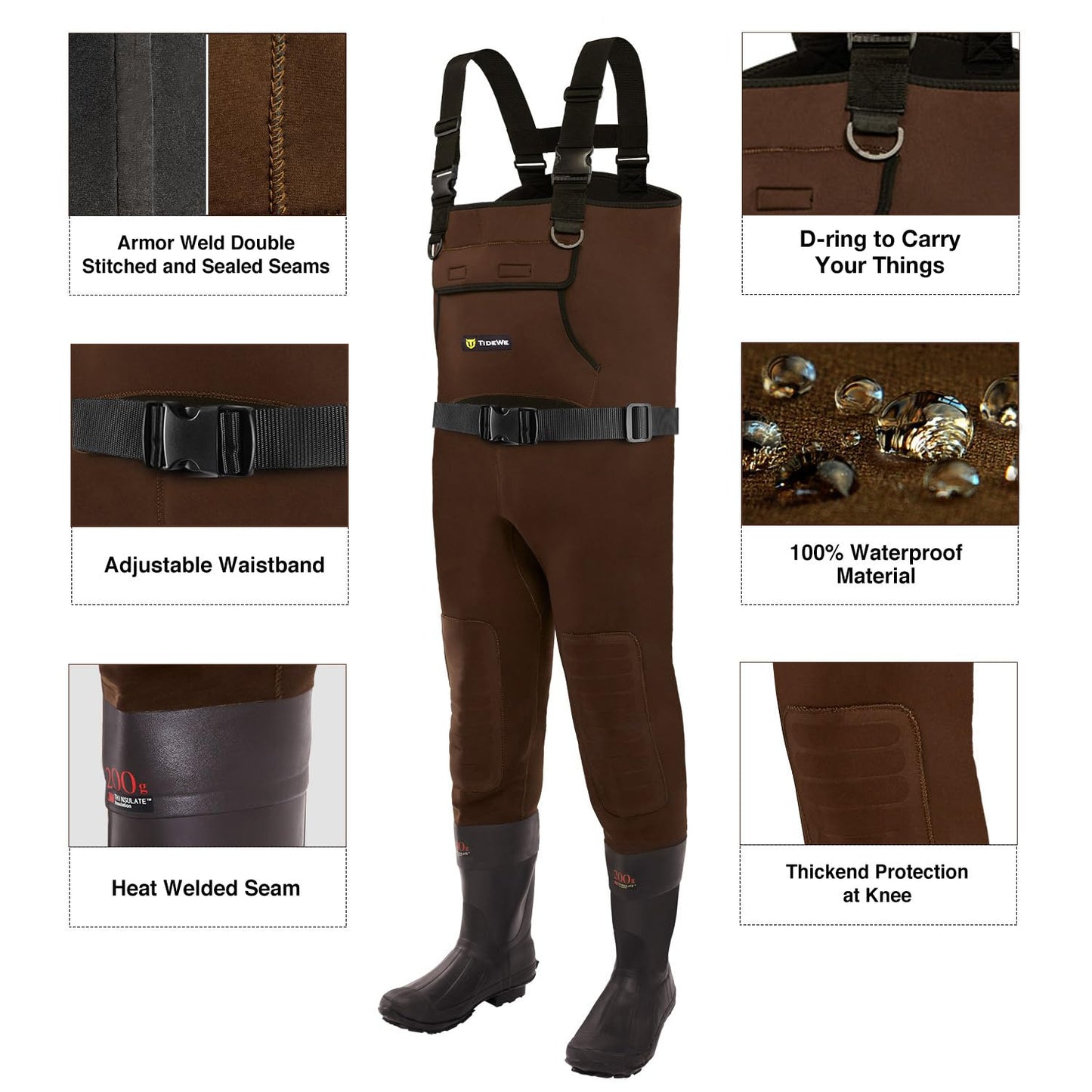 TIDEWE Neoprene Waders, Cleated Bootfoot Men Chest Waders, Waterproof Fishing & Hunting Chest Waders Brown Size 10