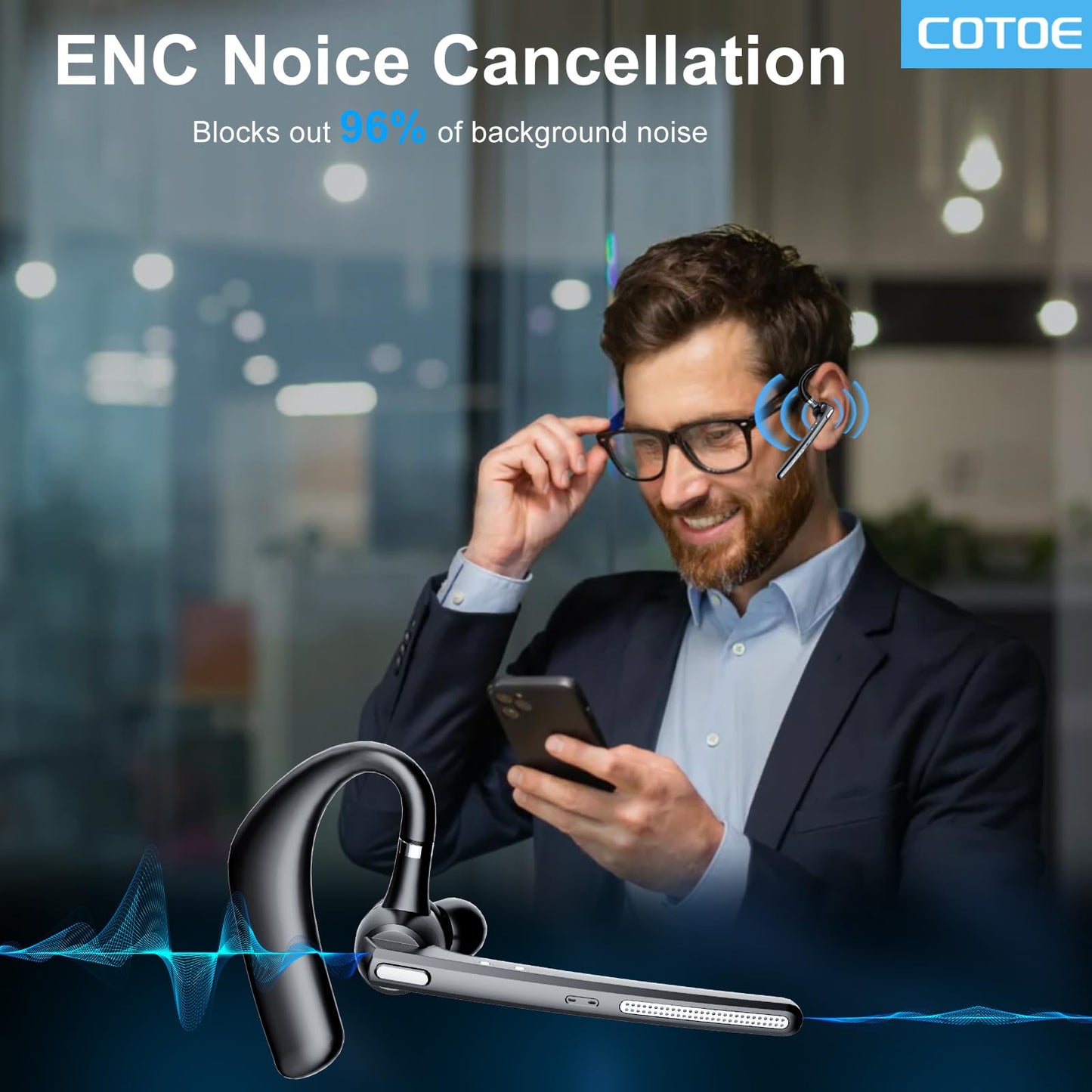 COTOE Bluetooth Headset V5.3, Wireless Earpiece with 500mAh Charging Case Hand-Free Headphones Noise Canceling Mic for Office/Driving/Business