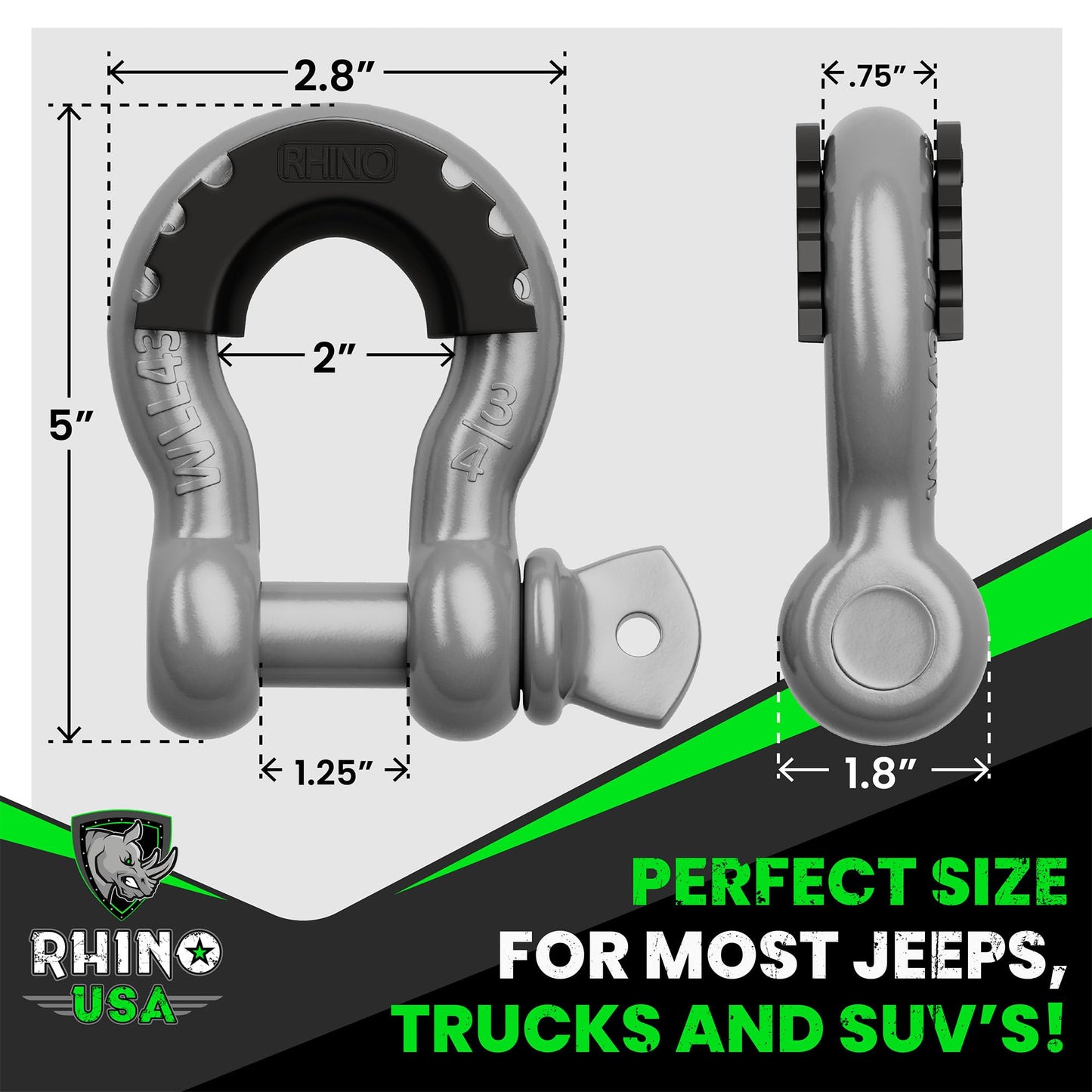 Rhino USA D Ring Shackles (2-Pack) - 41,850lb Break Strength – Heavy Duty 3/4" Clevis Shackle with 7/8 Pin for Towing & Off-Road Use - Pairs with Tow Strap for Vehicle Recovery (Black)