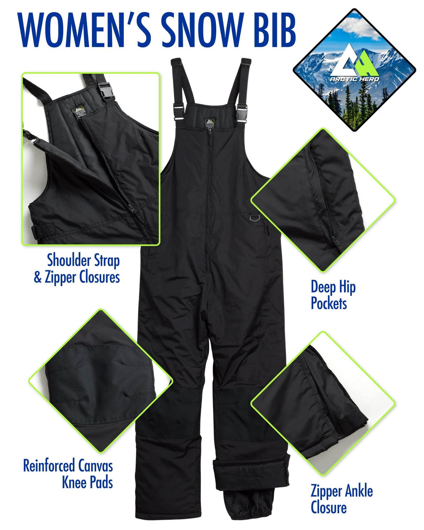 Women's Ski Snow Bib - Waterproof Insulated Ski Pants Snowboard Overalls - Snow Pants for Women (Sizes: S-2XL)