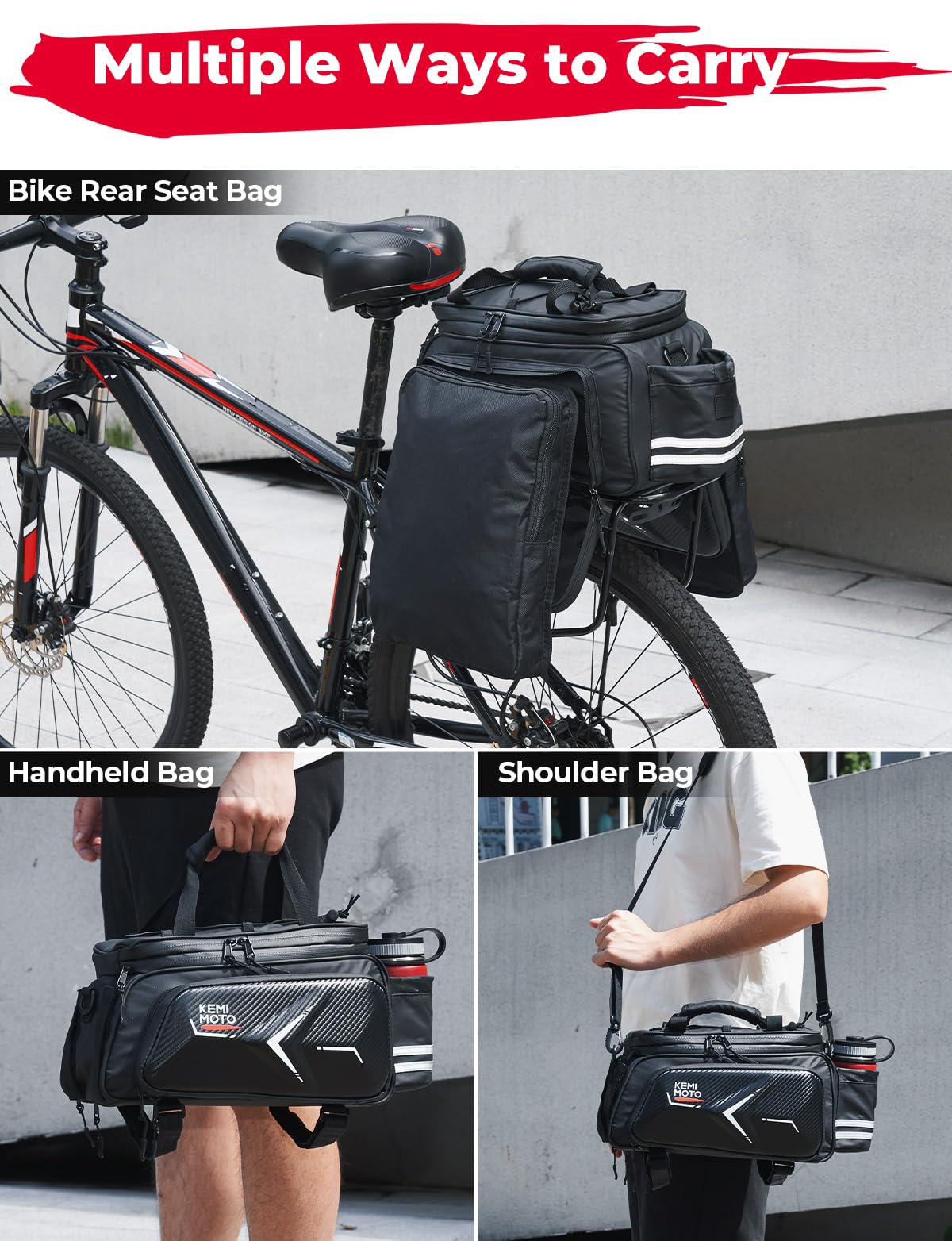 KEMIMOTO Bike Rear Rack Bag Bicycle Trunk Bag 20L Capacity Water Resistant Multifunctional Bicycle Pannier with Rain Cover Bike Saddle Bag for Rear Rack Grocery Shopping Commuter Cycling Trip Black