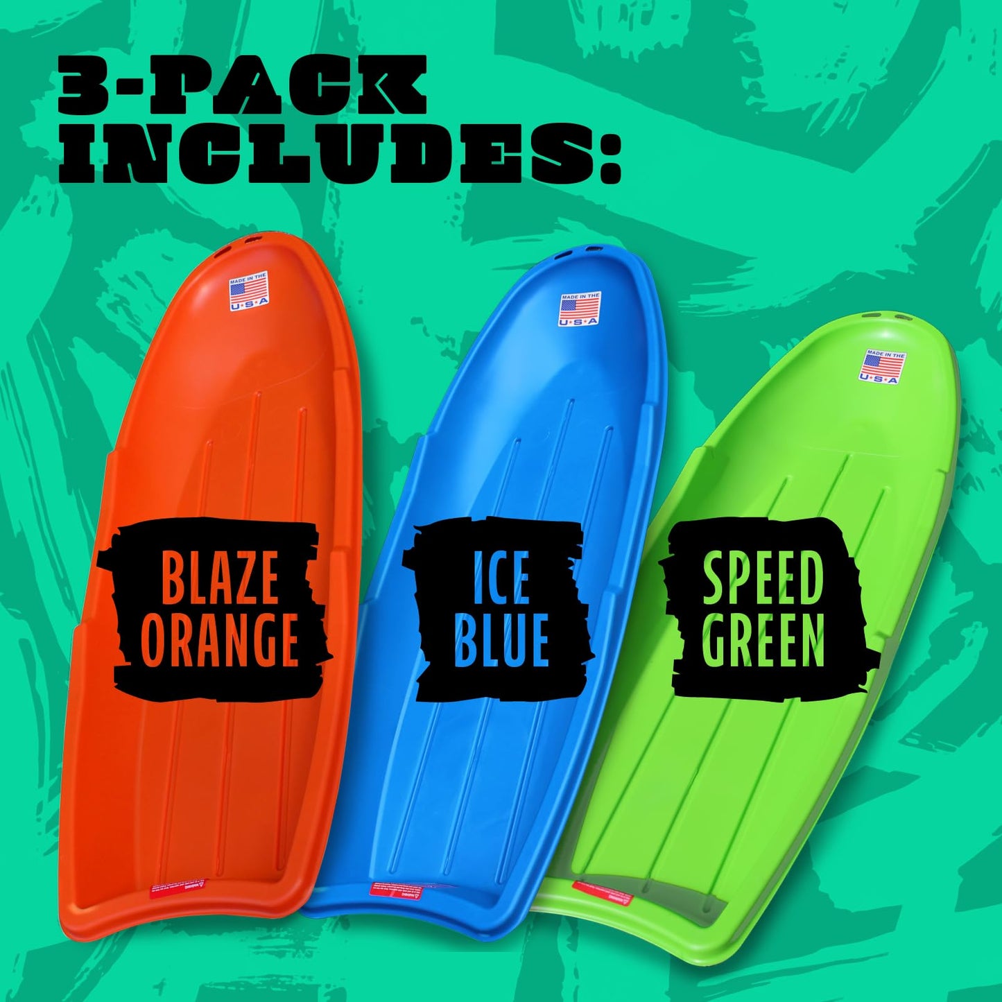 Flexible Flyer Winter Lightning Snow Sleds for Kids and Adults (3-Pack) - 48 Inch Toboggan Style Plastic Sled with Hard Bottom for Fast, Smooth Rides - 1 or 2 Riders (Blue, Green, Orange)