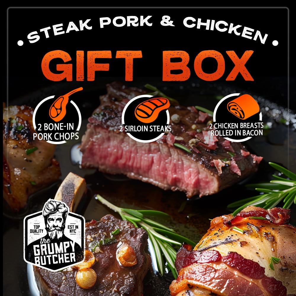 Grumpy Butcher Box Meat Food Gifts: 2 Top Sirloins Steaks (6 oz), 2 Duroc Bone in Pork Chops (14 oz) & 2 Cheese Stuffed Chicken Breasts Wrapped in Bacon (8 oz) - Gourmet Gift Basket for Men