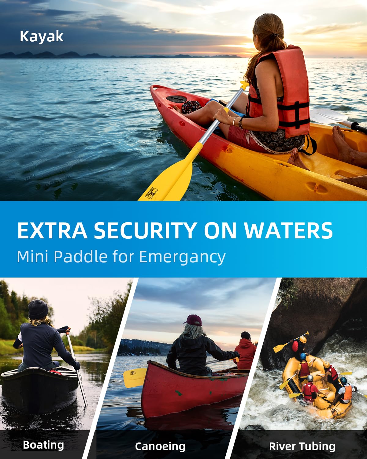 OCEANBROAD Telescoping Emergency Paddle 21''-42''（Assembling Required） Collapsible Paddles Aluminium Shaft for Kayaking Boating Canoeing River Tubing, Yellow, 1 Paddle