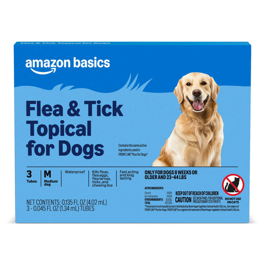 Amazon Basics Preventative Flea and Tick Topical Treatment for Dogs, Medium Dog (23-44 lbs), Fast Acting and Long Lasting, 3 Counts, Packaging May Vary