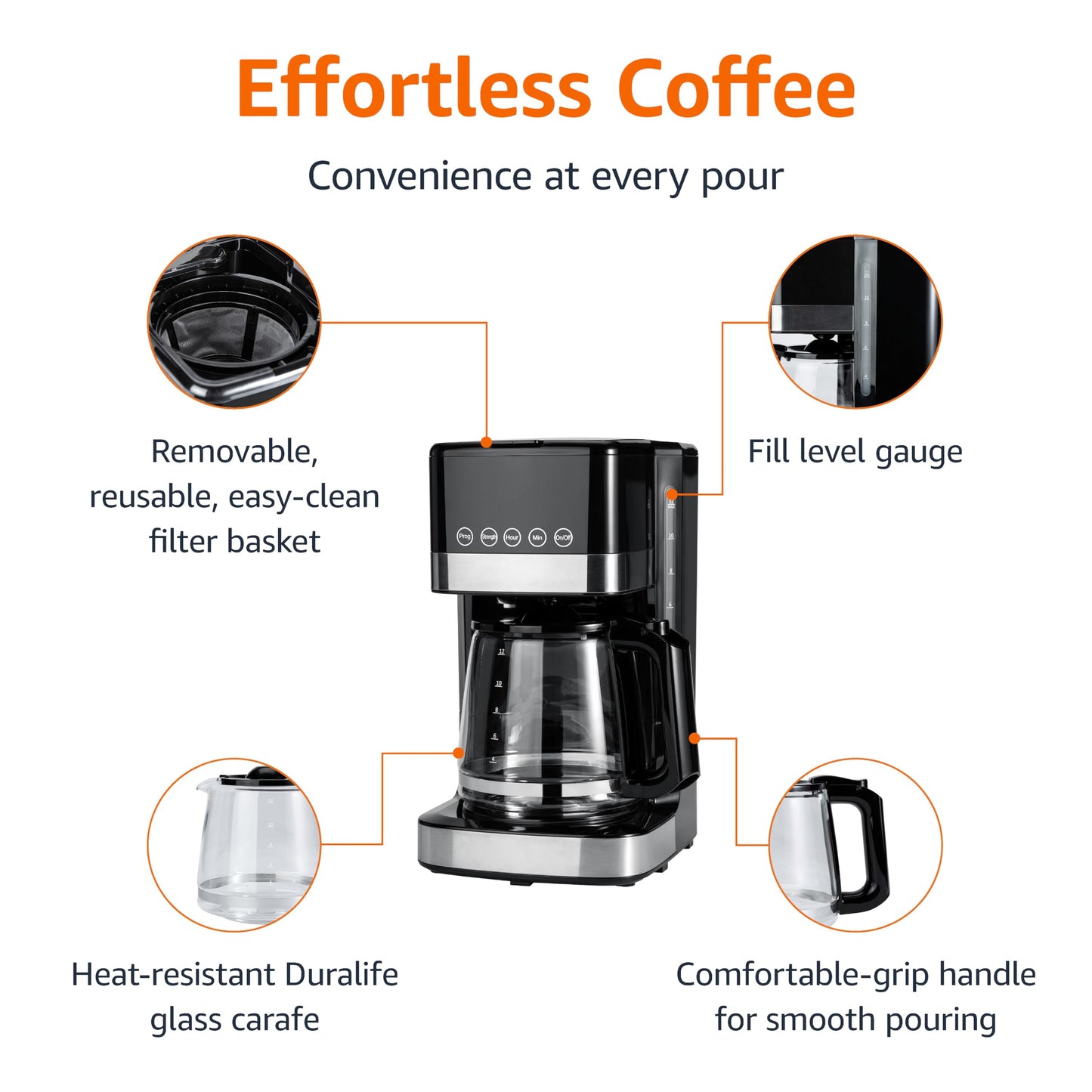 Amazon Basics Coffee Makers, 12-Cup Coffee Machines with Reusable Filter, Coffee Pots, Black & Stainless Steel